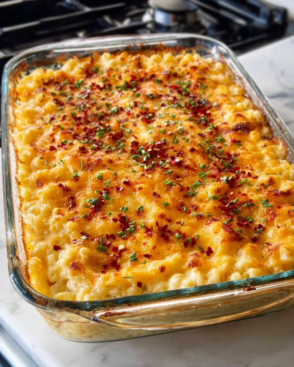 A clear glass rectangular dish filled with a creamy baked mac and cheese. The top layer is covered with melted golden-yellow cheese that looks slightly bubbly and browned in spots. Red chili flakes and small green herbs are scattered evenly across the surface, adding bright pops of color. The edges of the dish show the thick, cheesy pasta mixture inside, slightly browned and creamy. The dish is placed on a white marbled surface, with part of a stovetop visible to the side. photo taken with an iphone --ar 4:5 --v 7