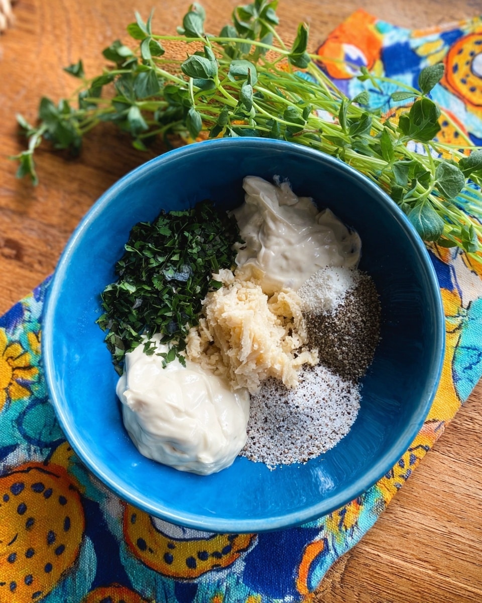 A blue bowl holds five separate layers of ingredients arranged in small piles: at the top left, dark green chopped herbs; on the top right, creamy white mayonnaise; at the bottom right, a mix of coarse black pepper and white salt; at the bottom left, a dollop of pale yellow mustard; and at the bottom center, a light beige shredded or mashed ingredient. The bowl is placed on a wooden surface with a colorful cloth featuring blue, yellow, orange, and green floral patterns behind it, with a sprig of fresh green herbs resting nearby. Photo taken with an iphone --ar 4:5 --v 7
