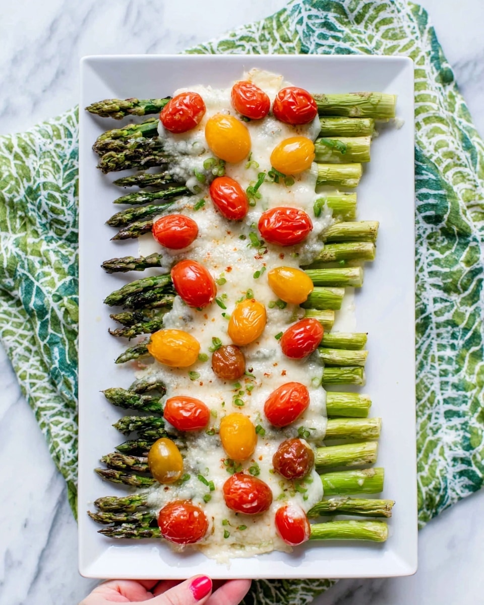 A white rectangular plate holds a neatly arranged dish with six bundles of green asparagus spears, laid out in two vertical rows. Each bundle is topped with melted, white cheese that softly covers some parts of the asparagus, creating a smooth texture. On top of each cheese layer, there are several small bright red and yellow cherry tomatoes, adding vibrant color. The plate is set on a white marbled surface with a green and white patterned cloth partially visible to the side. A woman's hand is gently holding the plate from the left edge. photo taken with an iphone --ar 4:5 --v 7