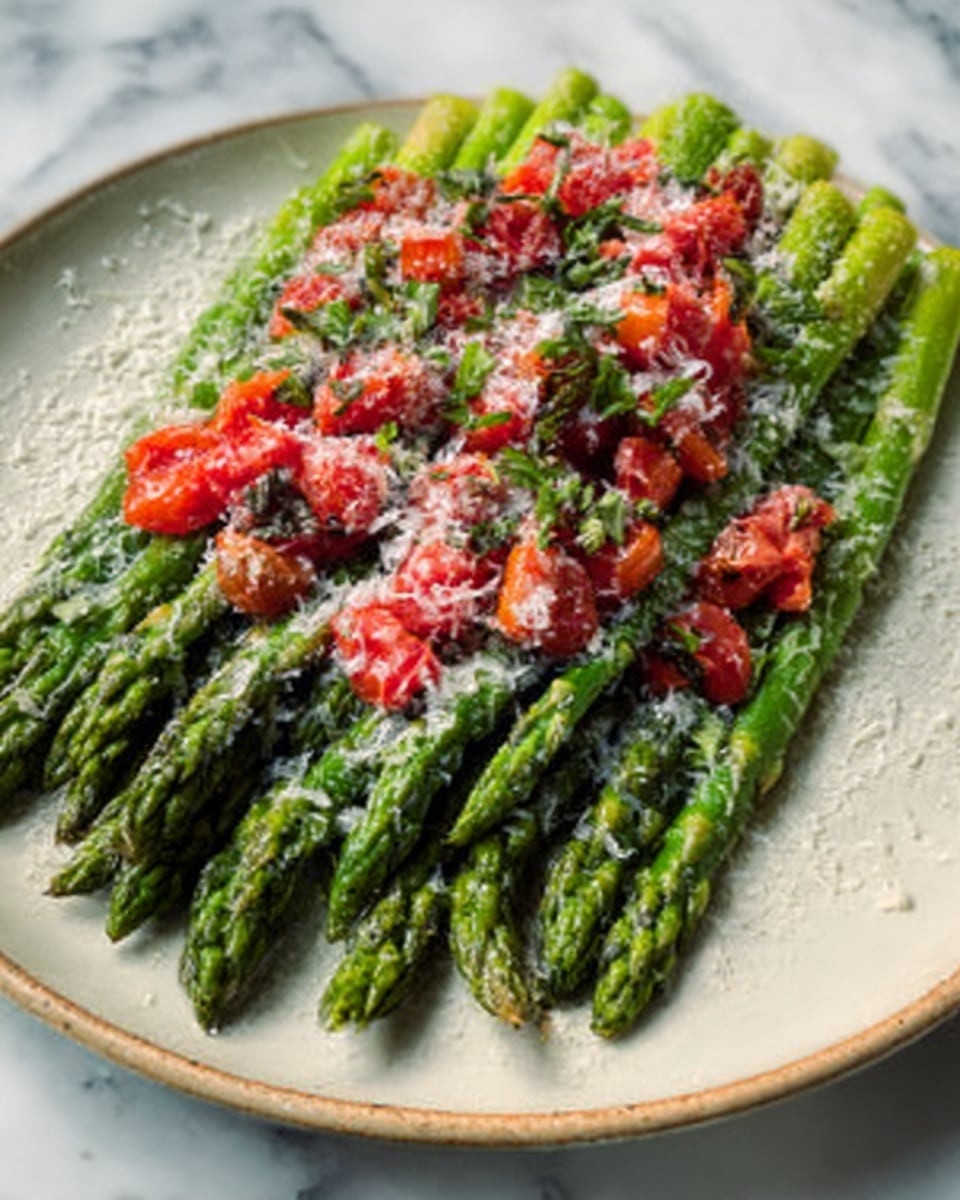 A white plate holds a neat stack of green asparagus spears laid out side by side, covering the bottom of the plate. On top of the asparagus, there is a layer of small red tomato pieces scattered evenly. The tomato pieces are topped with a sprinkle of light-colored grated cheese and small green herb leaves, adding texture and color contrast. The setting is on a white marbled surface. Photo taken with an iphone --ar 4:5 --v 7
