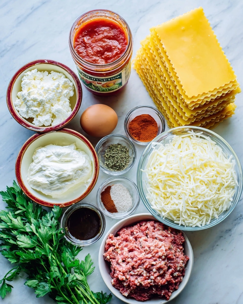 The image shows ingredients for making lasagna arranged neatly on a white marbled surface. There are three layers of yellow lasagna sheets stacked vertically on the right side. A clear glass bowl filled with shredded white cheese sits near the bottom right. Next to it is a smaller bowl with creamy white ricotta cheese. A jar of red tomato sauce is open, placed near the center, surrounded by small bowls containing different spices: one with red powder, one with green herbs, and one with salt. There is a bowl of white cottage cheese, raw ground meat, an egg, and a bunch of green parsley clustered toward the bottom left. A white bowl of dark brown sauce or seasoning is near the meat. Everything is organized and colorful, creating a fresh and clean look. Photo taken with an iphone --ar 4:5 --v 7