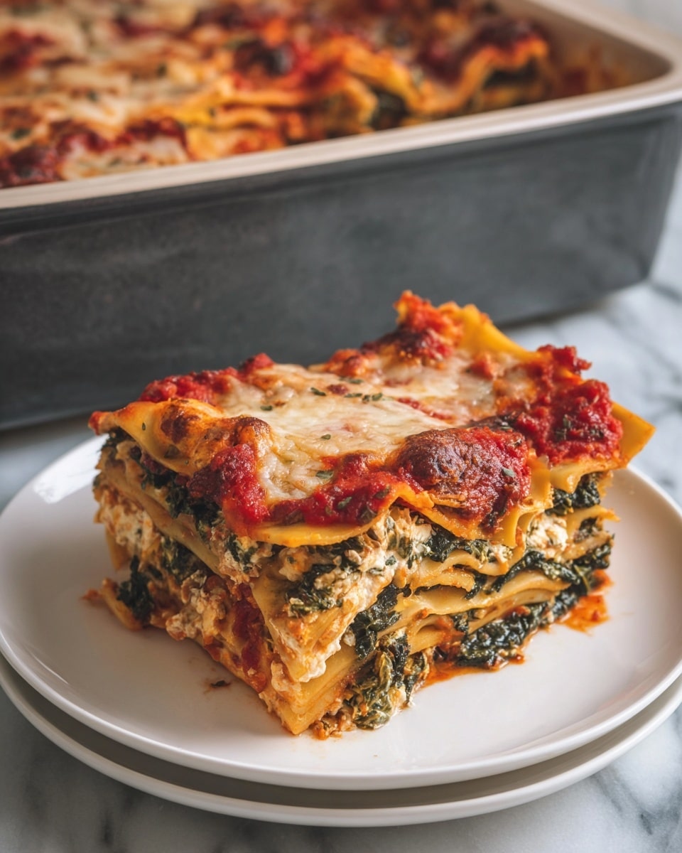 A thick square piece of lasagna sits on a white plate with visible four layers. The top layer shows melted, golden-brown cheese with red tomato sauce patches and a slightly crispy texture. Below it are layers of flat pasta sheets alternating with dark green spinach and creamy ricotta cheese mixed with some herbs. The lasagna looks moist and rich with sauce evenly spread in between layers. In the background, there's a large dark grey baking dish filled with more lasagna. The scene is set on a white marbled surface. Photo taken with an iphone --ar 4:5 --v 7