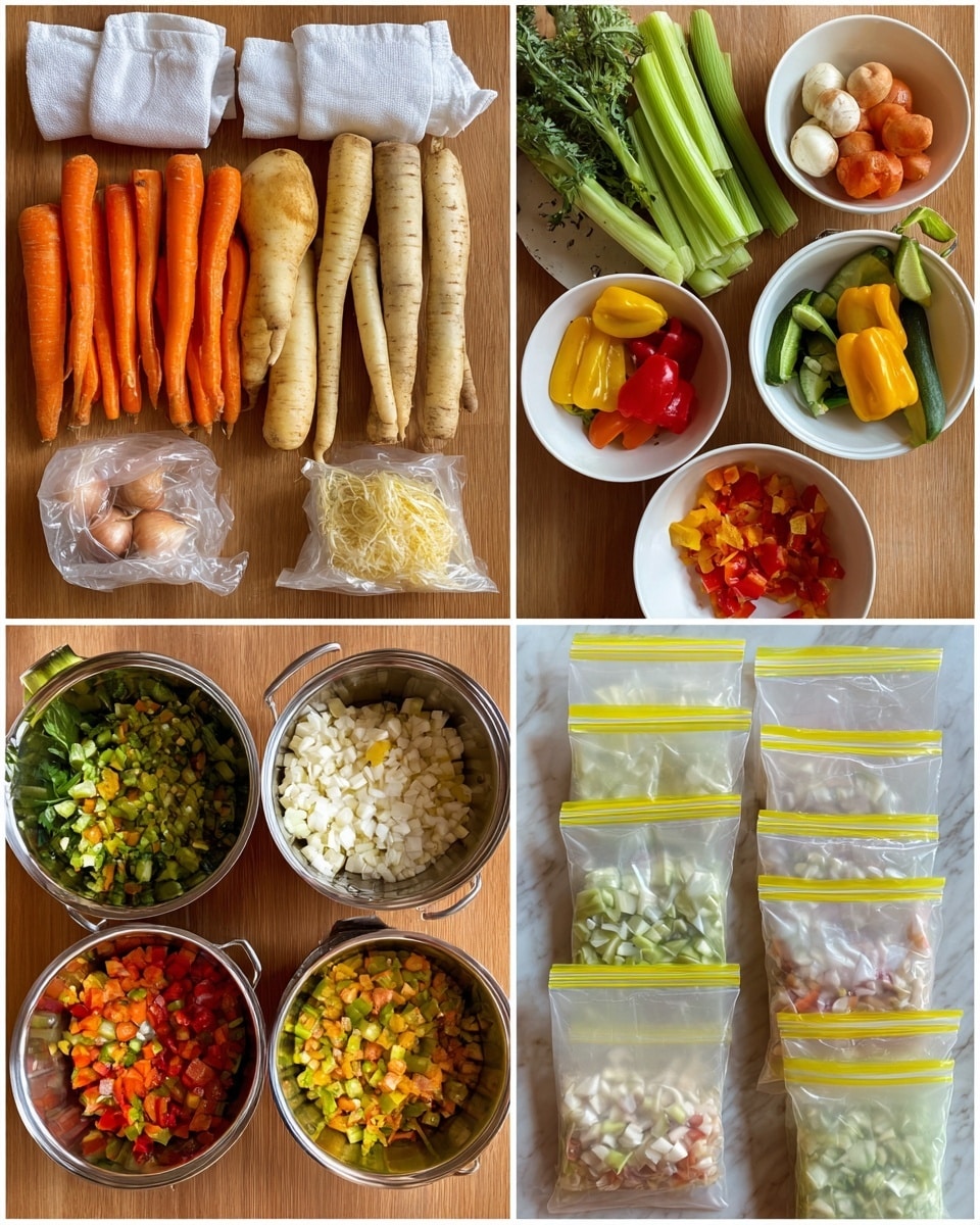 The image shows four sections: the top left has fresh vegetables arranged neatly on a wooden surface, including orange carrots in a white cloth, beige parsnips, yellow and green zucchinis, orange and red peppers, celery, and onions in white mesh bags, with a celeriac root in the center. The top right shows the same vegetables washed and placed in white bowls and a white colander, with celery leaves and whole peeled onions, parsnips, carrots, peppers, and a celeriac root visible. The bottom left shows finely chopped vegetables organized in metal bowls on the same wooden surface, featuring diced onions, carrots, parsnips, celery, peppers, and squash. The bottom right shows the chopped vegetables portioned into several transparent resealable bags with yellow edges. All items rest on a white marbled surface. Photo taken with an iphone --ar 4:5 --v 7