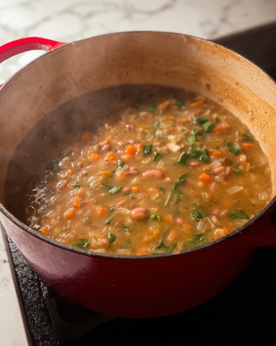 The image shows a large red pot filled with a thick stew cooking on a stove. The stew has a light brown broth base with visible pieces of diced orange carrots, small pinkish beans, and chopped green leafy vegetables evenly mixed throughout. The texture looks soft and slightly chunky, with steam rising from the surface. The pot’s interior is beige with a slightly worn look. The stove and surrounding surface have a simple, clean appearance with a white marbled texture. photo taken with an iphone --ar 4:5 --v 7