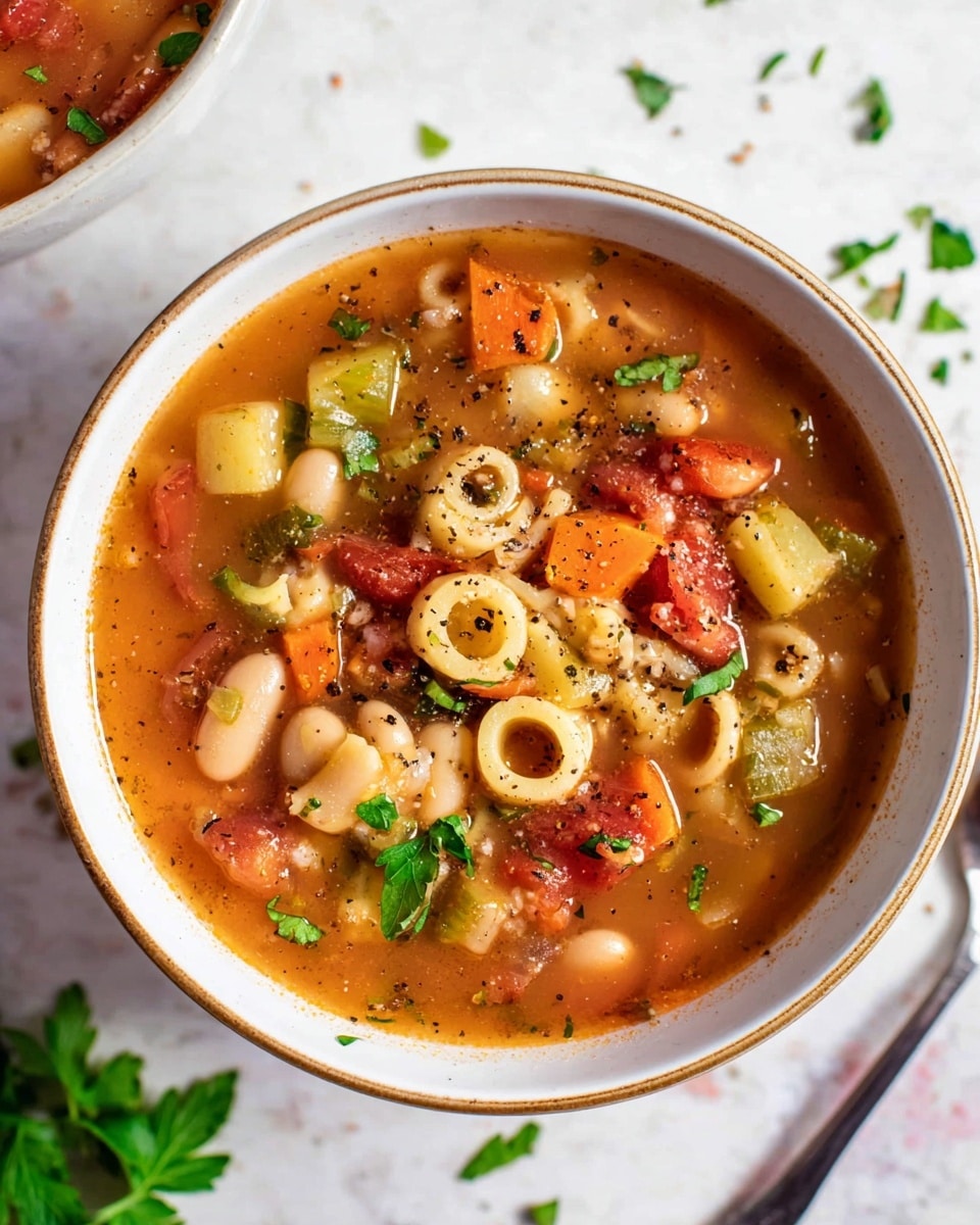 A white bowl with a light brown rim holds a soup filled with many colorful pieces. There are red tomato chunks, orange carrot bits, and green celery slices, along with creamy white beans and small round pasta rings. The soup broth is a clear, warm orange color with visible black pepper specks and herbs floating on top. Small fresh green parsley leaves sit sprinkled over the soup, adding a fresh touch. The bowl is placed on a white marbled surface with some scattered green herb pieces nearby. A silver spoon is partially visible at the bottom right corner photo taken with an iphone --ar 4:5 --v 7
