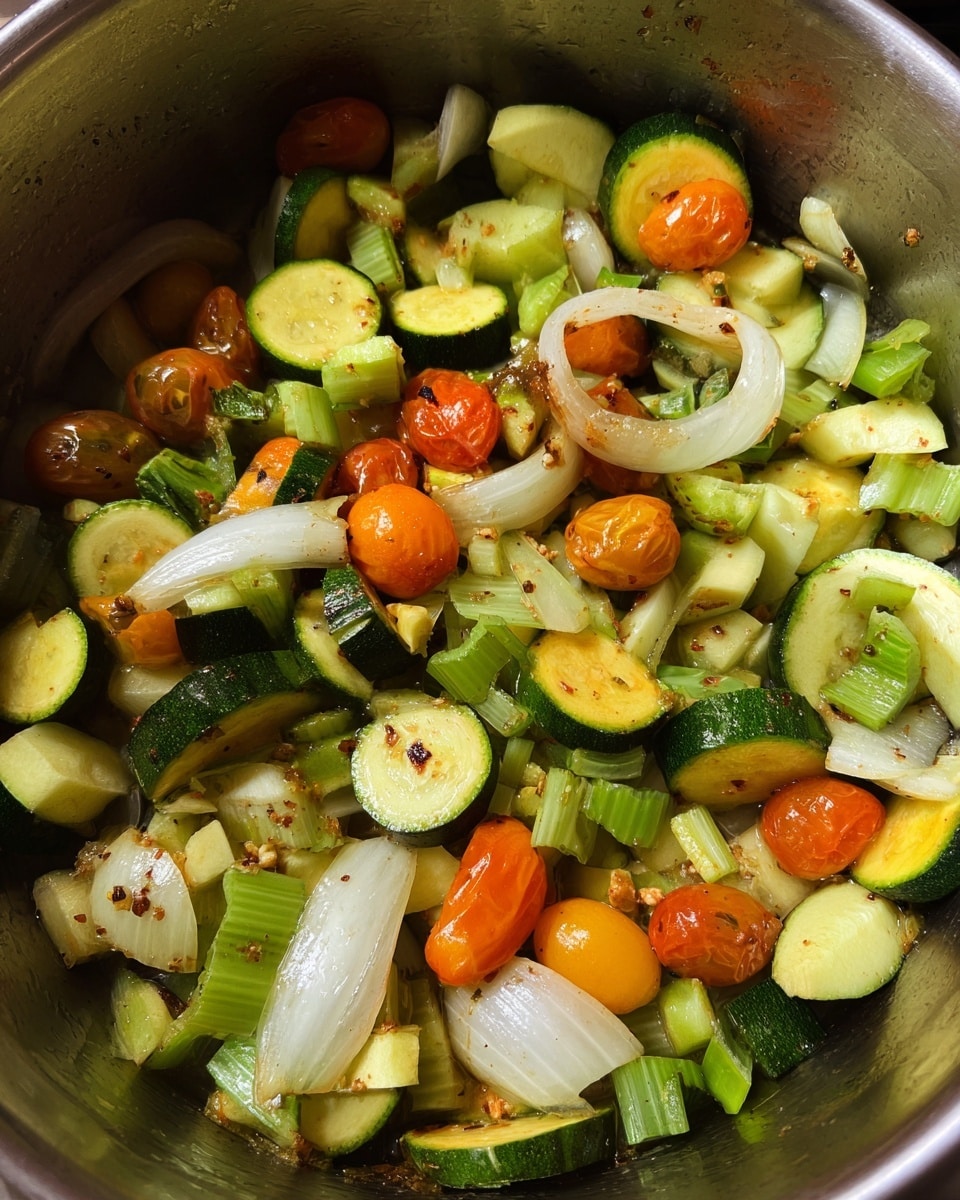 This image shows a close-up of a stainless steel pot filled with cooked mixed vegetables. The vegetables include round slices of green zucchini layered throughout, chopped light green celery pieces scattered evenly, large curved pieces of translucent white onions spread on top and through the mix, and small whole cherry tomatoes in bright orange and yellow with some light brown roasting marks. The vegetables appear lightly cooked, with a slight shine from oil and hints of seasoning visible on the onion and celery surfaces. The overall look is colorful with greens, whites, and vibrant orange and yellow all mixed together in the pot. photo taken with an iphone --ar 4:5 --v 7