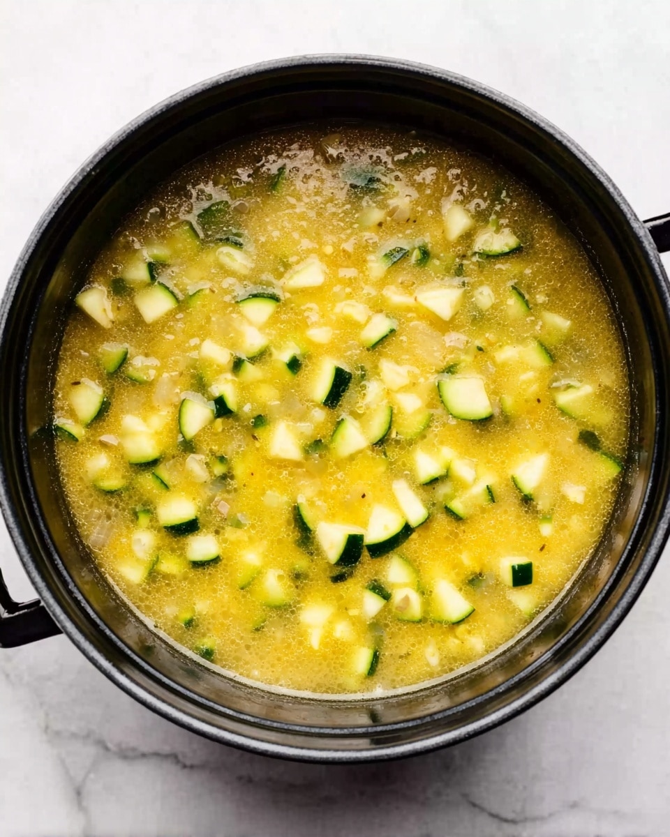 A black pot filled with a yellowish soup containing many small, light green and white pieces of zucchini floating evenly across the surface. The soup looks slightly thick with visible small bits and a soft texture. The pot sits on a white marbled surface, and the image is taken from above, showing the clear separation of the zucchini pieces within the broth. photo taken with an iphone --ar 4:5 --v 7
