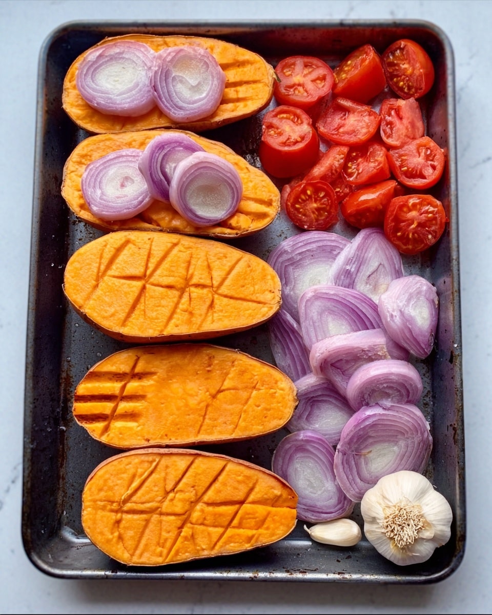 The image shows a baking tray with several pieces of sweet potatoes and vegetables arranged neatly on a white marbled surface. There are four sweet potato halves placed in a row on the left side, three of which are scored with a crisscross pattern on top and one topped with light purple onion slices. The remaining three sweet potatoes are whole and placed below the scored ones. To the right, there are halved red tomatoes arranged in a cluster, next to some layers of light purple onion slices. At the bottom right corner, there is a head of garlic split in half showing the individual cloves. The whole setup is clean, colorful, and ready for roasting, photo taken with an iphone --ar 4:5 --v 7
