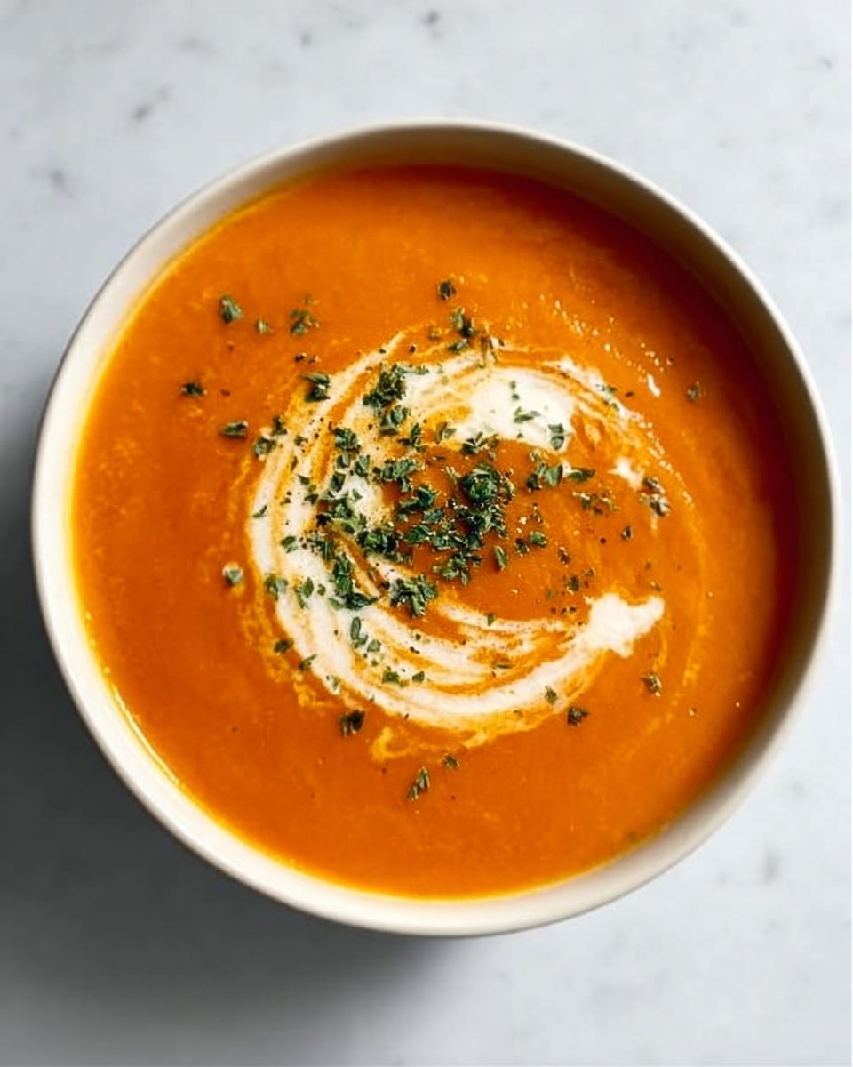 A white bowl filled with smooth orange soup, topped with a swirl of white cream and sprinkled with finely chopped green herbs. The cream forms a circular pattern near the edge of the bowl, contrasting with the vibrant orange soup. The bowl is set on a white marbled surface. photo taken with an iphone --ar 4:5 --v 7