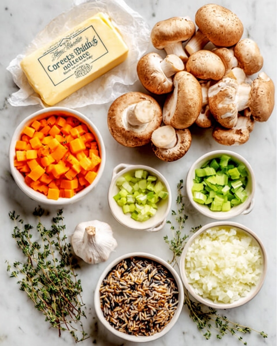 The image shows various cooking ingredients arranged neatly on a white marbled surface. In the center, there are three kinds of mushrooms in a cluster, with light brown and cream colors and soft textures. To the bottom left, there's a white bowl filled with small orange cubes of carrot. Next to it, a block of unsalted butter wrapped partially in paper is placed alongside fresh herbs scattered around. Below the butter, there's a small white bowl with chopped green celery, and to its right, another white bowl holds finely chopped white onions. Near the mushrooms, a small white bowl contains a mix of wild rice with various shades of brown, black, and white grains. A single garlic bulb and some fresh thyme sprigs are also placed on the surface. Photo taken with an iphone --ar 4:5 --v 7