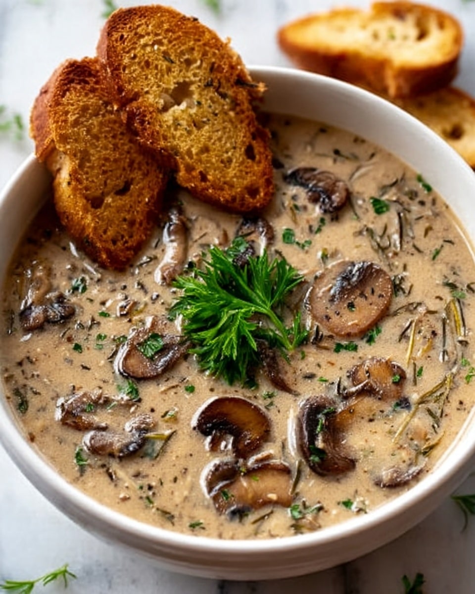 A white bowl filled with creamy mushroom soup sits on a white marbled surface. The soup has a light beige color with visible pieces of sliced brown mushrooms and flecks of green herbs scattered throughout. On top, a small bunch of fresh green parsley rests in the center. Three golden brown toasted bread slices lean against the bowl’s edge, adding contrast with their crispy texture and warm tones. photo taken with an iphone --ar 4:5 --v 7