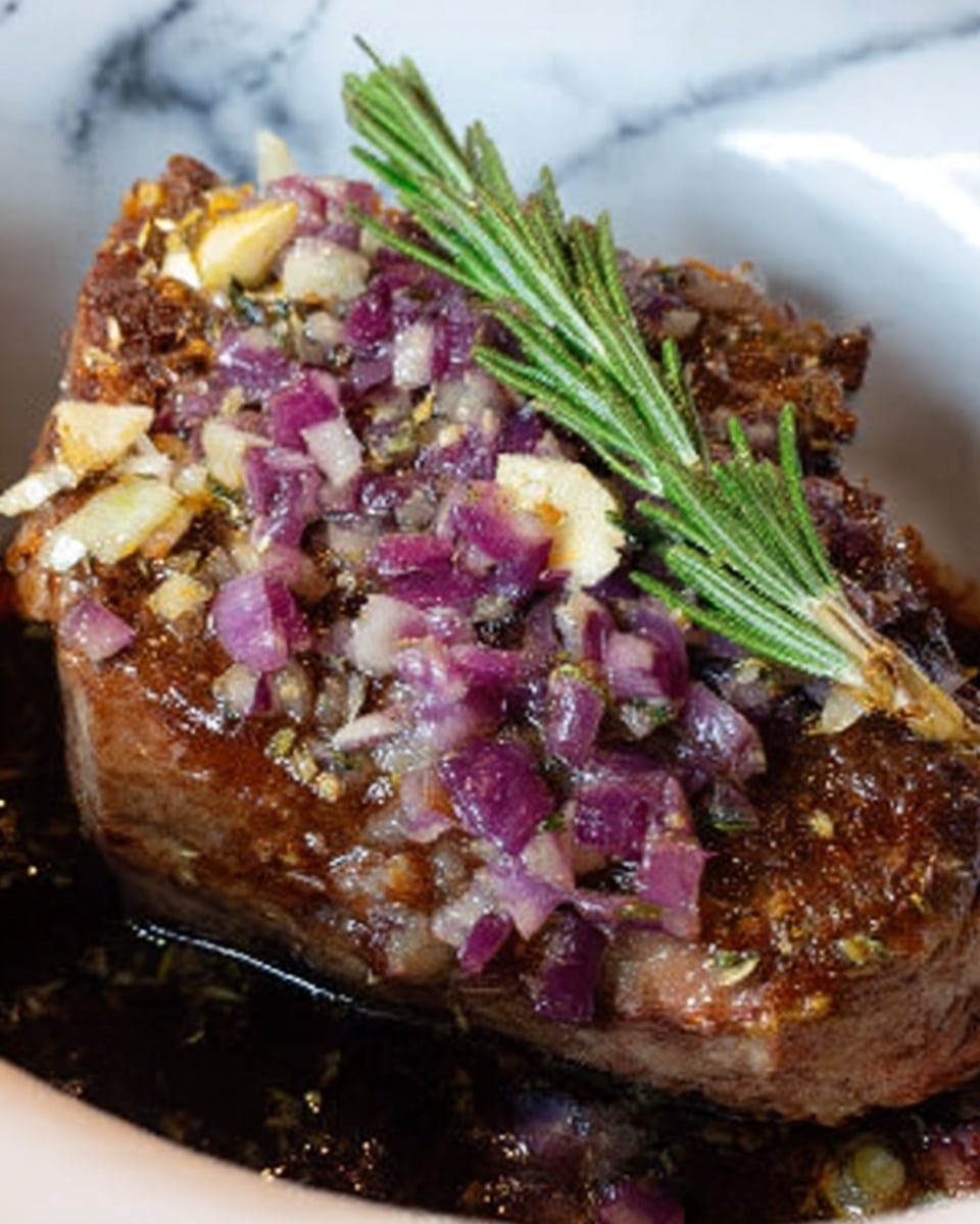 The image shows a close-up of a cooked piece of meat laid on a white plate. The meat is brown and crisp on the outside, with visible texture and seasoning. On top of the meat, there is a layer of finely chopped red onions mixed with small bits of light-colored garlic and herbs. A green sprig of rosemary is placed diagonally across the meat, adding a fresh element. The background is a white marbled texture. Photo taken with an iphone --ar 4:5 --v 7