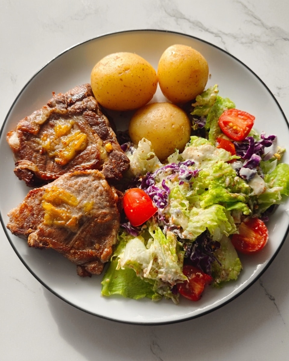 The image shows a white plate on a white marbled surface holding a meal with three main parts. On the left side, there are two pieces of cooked meat with a brown, slightly crispy outside and some golden-yellow grilled marks. Near the top center, there are two whole boiled potatoes with a smooth, light yellow surface. On the right side of the plate, there is a colorful salad made up of green lettuce leaves, red cherry tomato halves, purple cabbage strips, and small bits of white dressing on top. The whole plate looks fresh and vibrant. Photo taken with an iphone --ar 4:5 --v 7