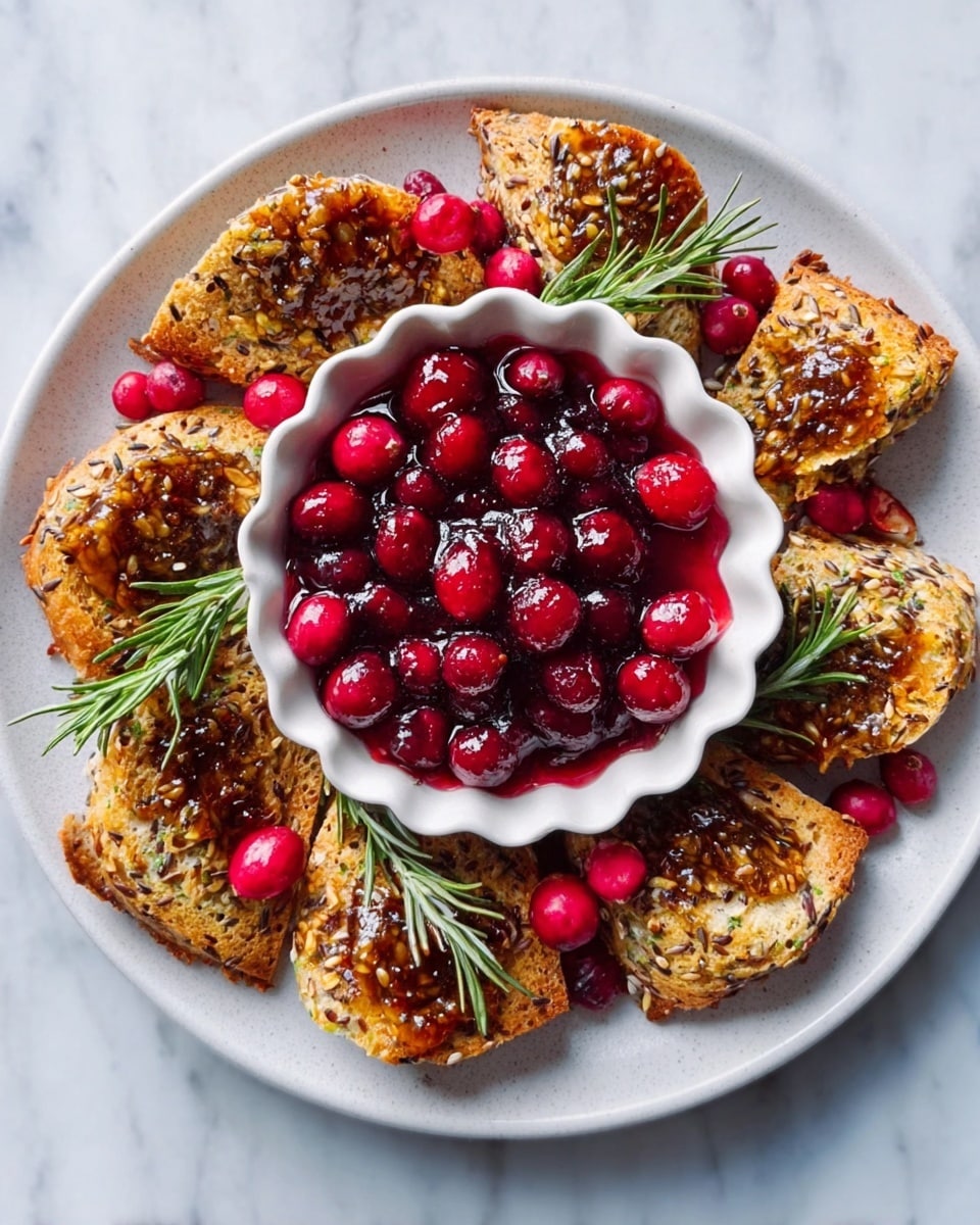 A white round plate on a white marbled surface holds a dish with two main parts: a center white scalloped bowl filled with shiny red cranberries or similar fruit in syrup that looks wet and glossy, surrounded by two layers of toasted triangular pieces of bread with mixed seeds, each piece topped with a golden-brown spread that has a textured surface and little bits of seeds visible. Small red berries and sprigs of green rosemary are placed evenly around the plate, adding touches of color and freshness. photo taken with an iphone --ar 4:5 --v 7