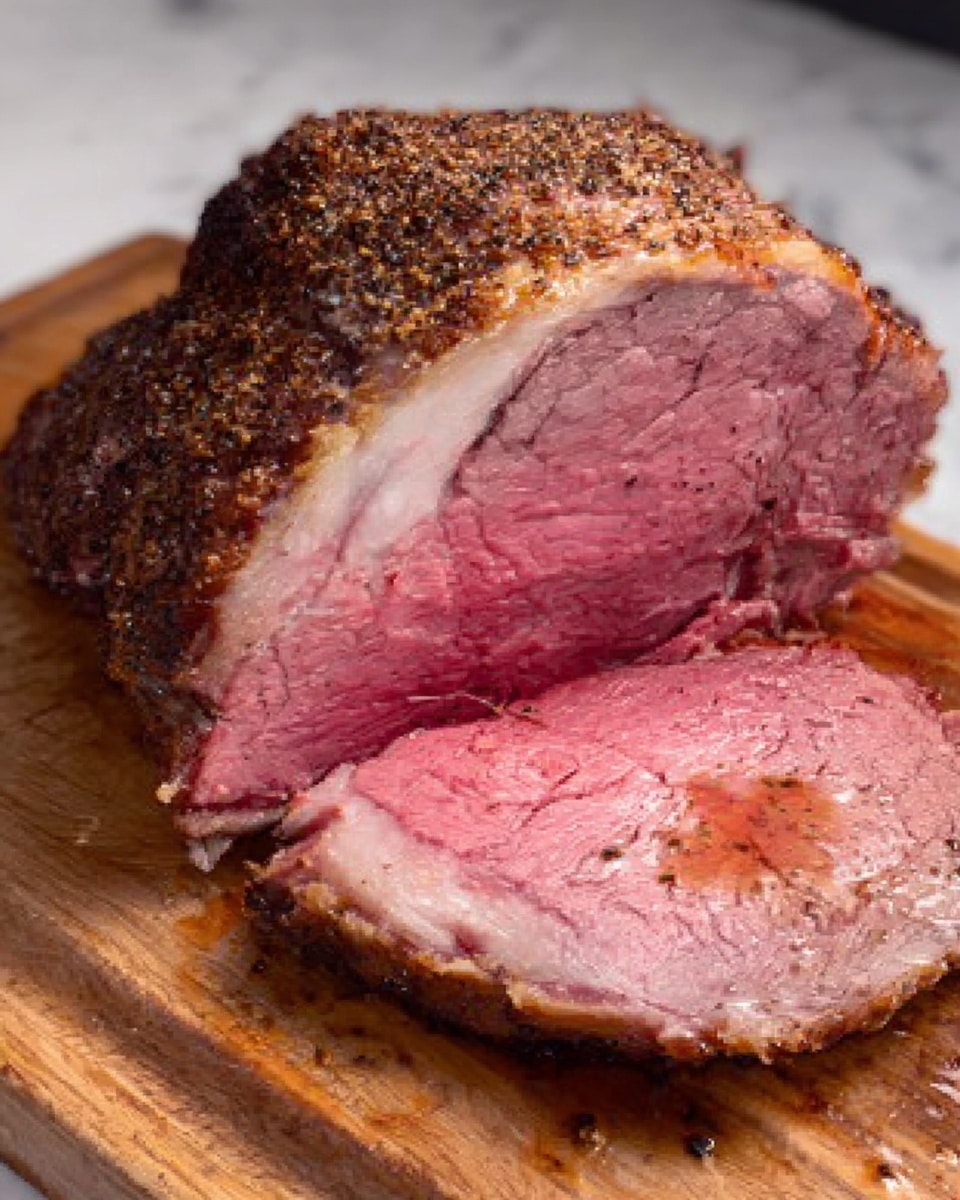 A thick slice of roast beef sits on a wooden board, showing a juicy pink inside with a brown, seasoned crust on the outside. The meat layer is tender and moist, with a slight shine, and the crust is dark with spices giving a rough texture. Small juices are visible on the wooden board near the meat. The background is a white marbled surface. Photo taken with an iphone --ar 4:5 --v 7
