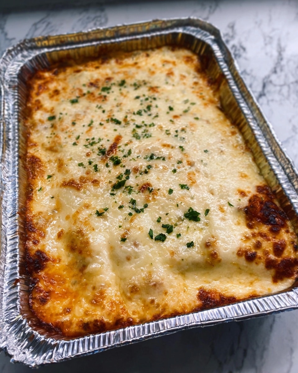 A rectangular aluminum foil container filled with a baked dish that has a golden brown cheese layer on top. The cheese is melted smoothly with some browned spots and sprinkled with small green herb bits. The edges of the cheese layer show slight bubbling and crispiness. The container is placed on a white marbled surface. photo taken with an iphone --ar 4:5 --v 7