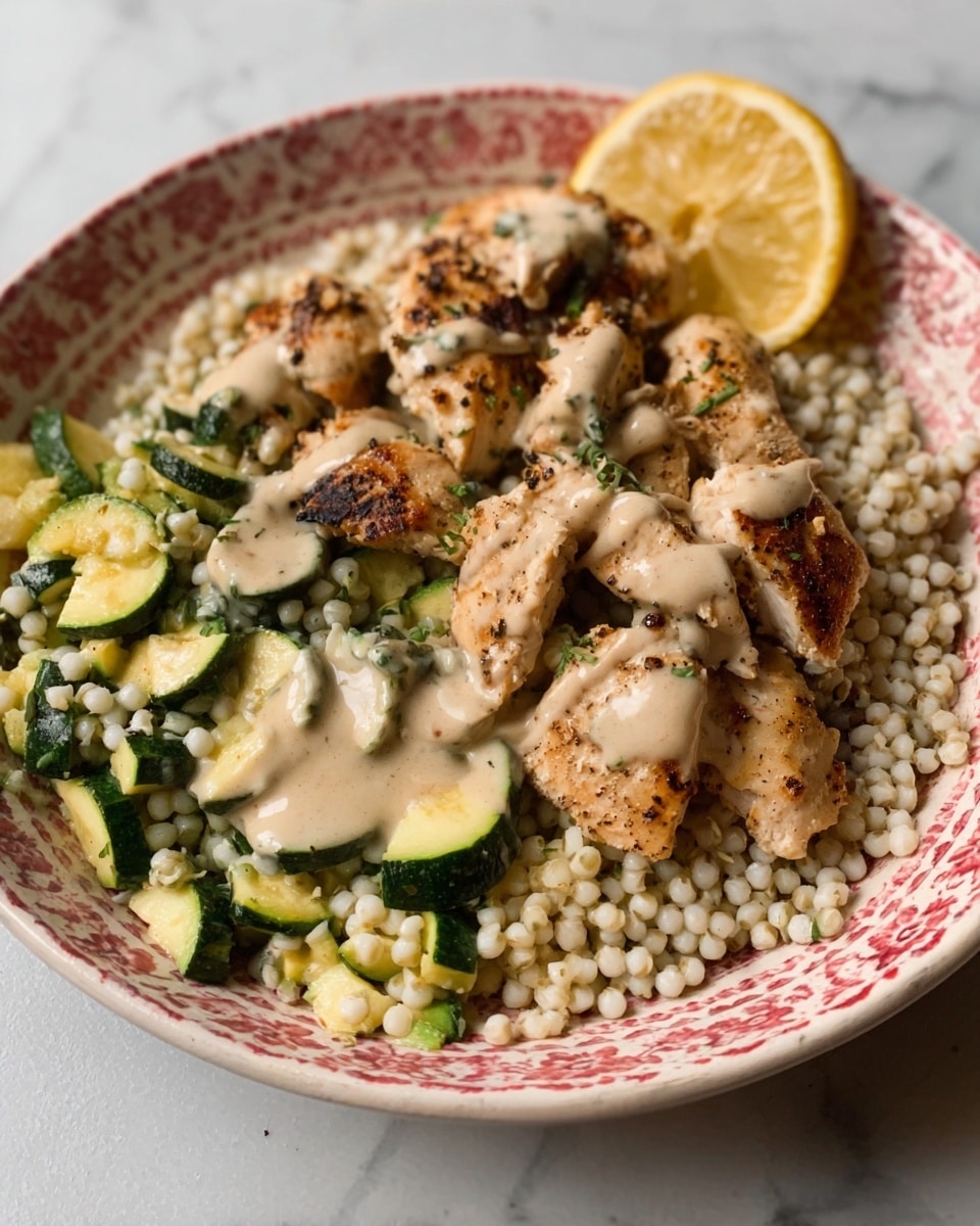 The image shows a white floral plate with three layers of food. The bottom layer is grilled chicken pieces with light brown grill marks and a slightly rough texture. On top of this, there is a light brown creamy sauce drizzled over the chicken. Next to the chicken is a mix of small, white round grains mixed with diced green zucchini, creating a contrast of soft and fresh textures. A pale yellow lemon wedge sits at the edge of the plate. The plate is on a white marbled surface. photo taken with an iphone --ar 4:5 --v 7