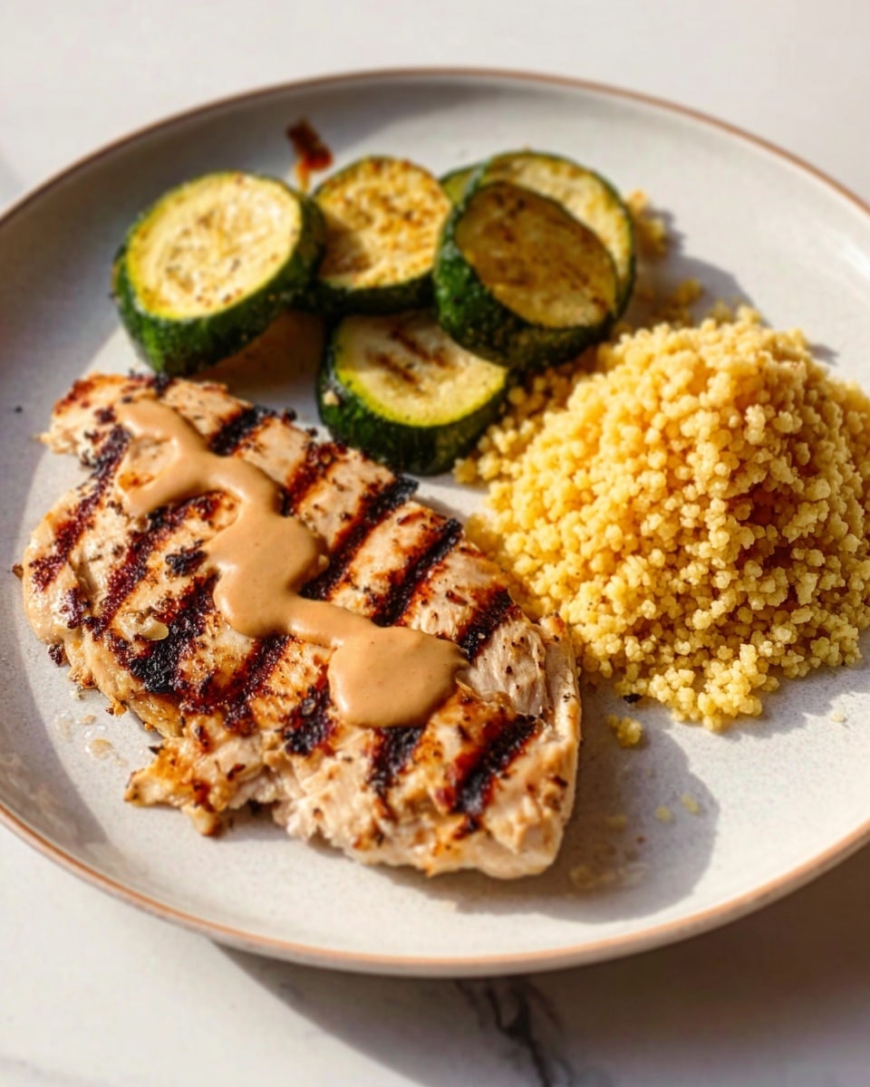 A white plate on a white marbled surface holds a grilled chicken piece with dark grill marks and a light brown sauce drizzled on top, placed on the left side. Above the chicken, there are several slices of cooked zucchini, showing a slightly browned, soft texture. On the right side of the plate, there is a small mound of yellow couscous with a fluffy texture. The light creates soft shadows, highlighting the textures of the food. Photo taken with an iphone --ar 4:5 --v 7