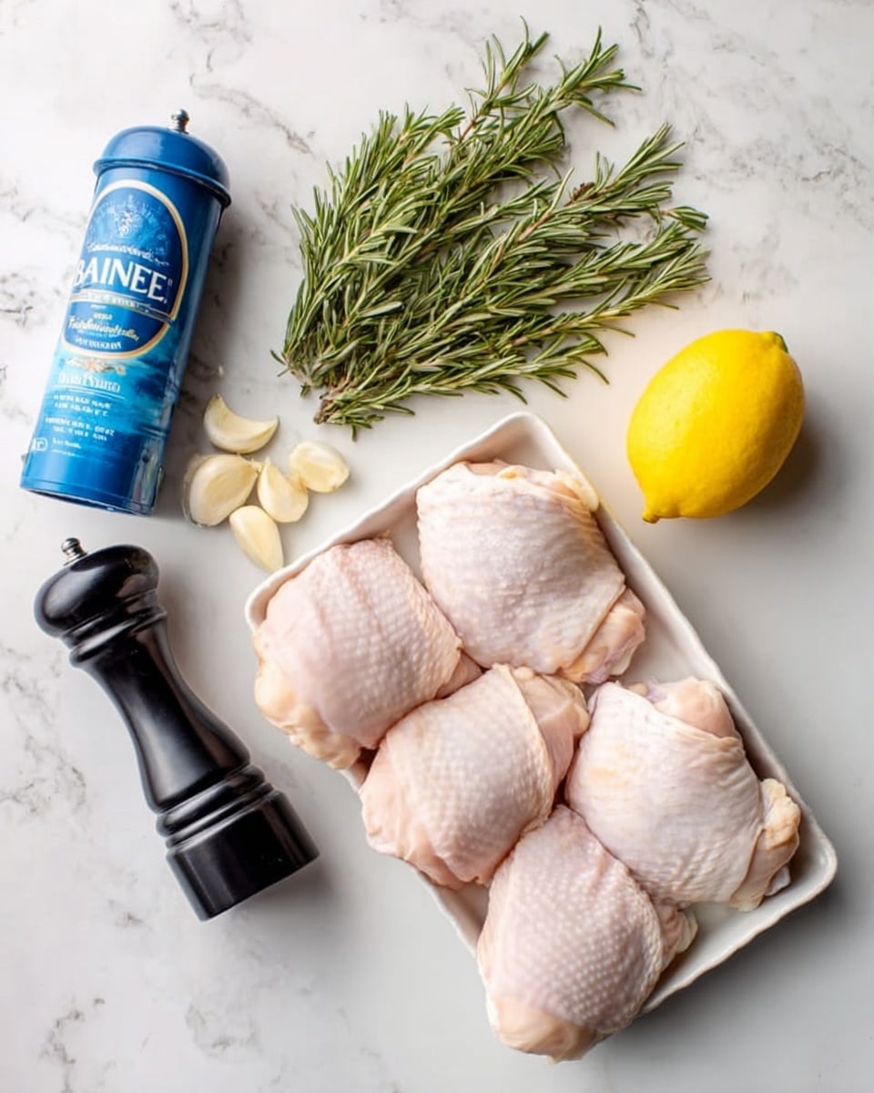 The image shows a white tray holding four raw chicken thighs lined up in a row, each with light pink skin and a slightly bumpy texture. Above the tray, there is a fresh rosemary sprig with dark green, needle-like leaves placed diagonally on a white marbled surface. To the right of the rosemary is a bright yellow lemon with a smooth peel. Next to the lemon is a small cluster of peeled garlic cloves in a creamy white color. To the left of the tray, there is a tall, cylindrical blue salt container on the far left and a black pepper grinder standing next to it, both placed vertically on the white marbled surface. Photo taken with an iphone --ar 4:5 --v 7