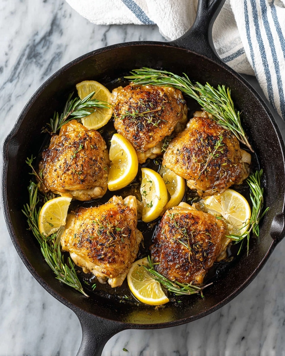 Five pieces of cooked chicken thighs with a golden brown crispy skin lay inside a black cast iron skillet. Each piece is sprinkled with dried rosemary, adding a touch of texture on top. Between and around the chicken are several bright yellow lemon wedges with white flesh, each paired with fresh green sprigs of rosemary. The skillet sits on a white marbled surface, and a white cloth with blue stripes is partially visible in the top right corner. Photo taken with an iphone --ar 4:5 --v 7