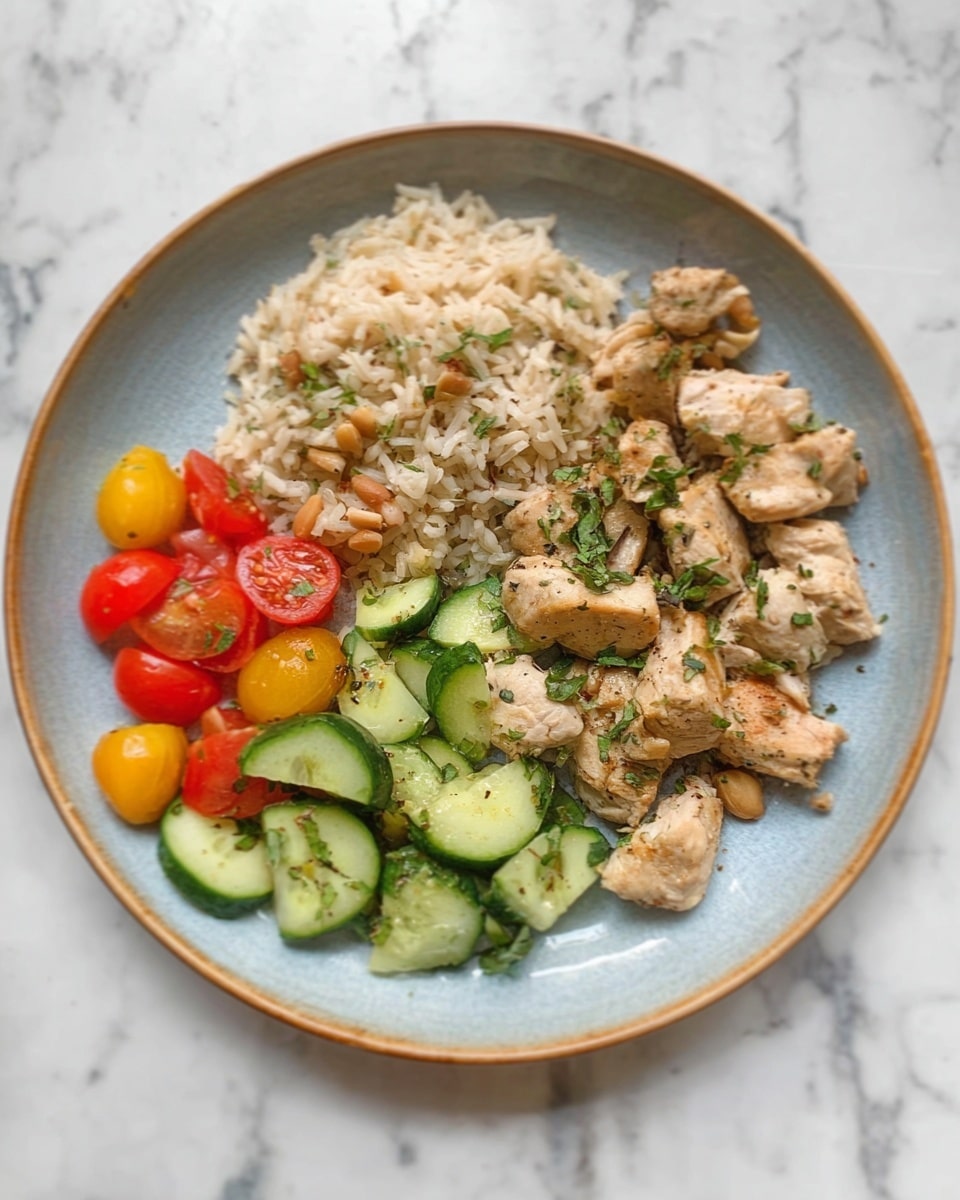 The image shows a white plate on a white marbled surface. The plate has three sections: on the right side, there is light brown rice mixed with small pieces of nuts, with a soft texture. On the top right, there are cooked pieces of light brown chicken with some herbs on top. On the left side, there is a fresh salad with chopped cucumber pieces in pale green and slices of cherry tomatoes in red and yellow, all mixed together showing a fresh and colorful look. Photo taken with an iphone --ar 4:5 --v 7