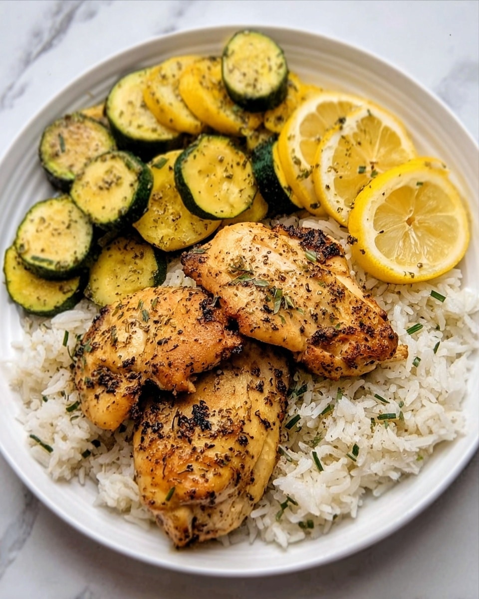 A white plate sits on a white marbled surface, holding a meal with three main parts. At the bottom, there is a bed of white rice with small green herbs sprinkled in. On top of the rice, two pieces of golden brown cooked chicken with specks of black seasoning are placed slightly overlapping. To the top left of the chicken, there are slices of roasted vegetables, including light green zucchini and yellow squash, showing slight char marks. Two lemon slices with a bright yellow rind and pale yellow inside are placed beside the chicken and vegetables, adding a fresh color contrast. Photo taken with an iphone --ar 4:5 --v 7