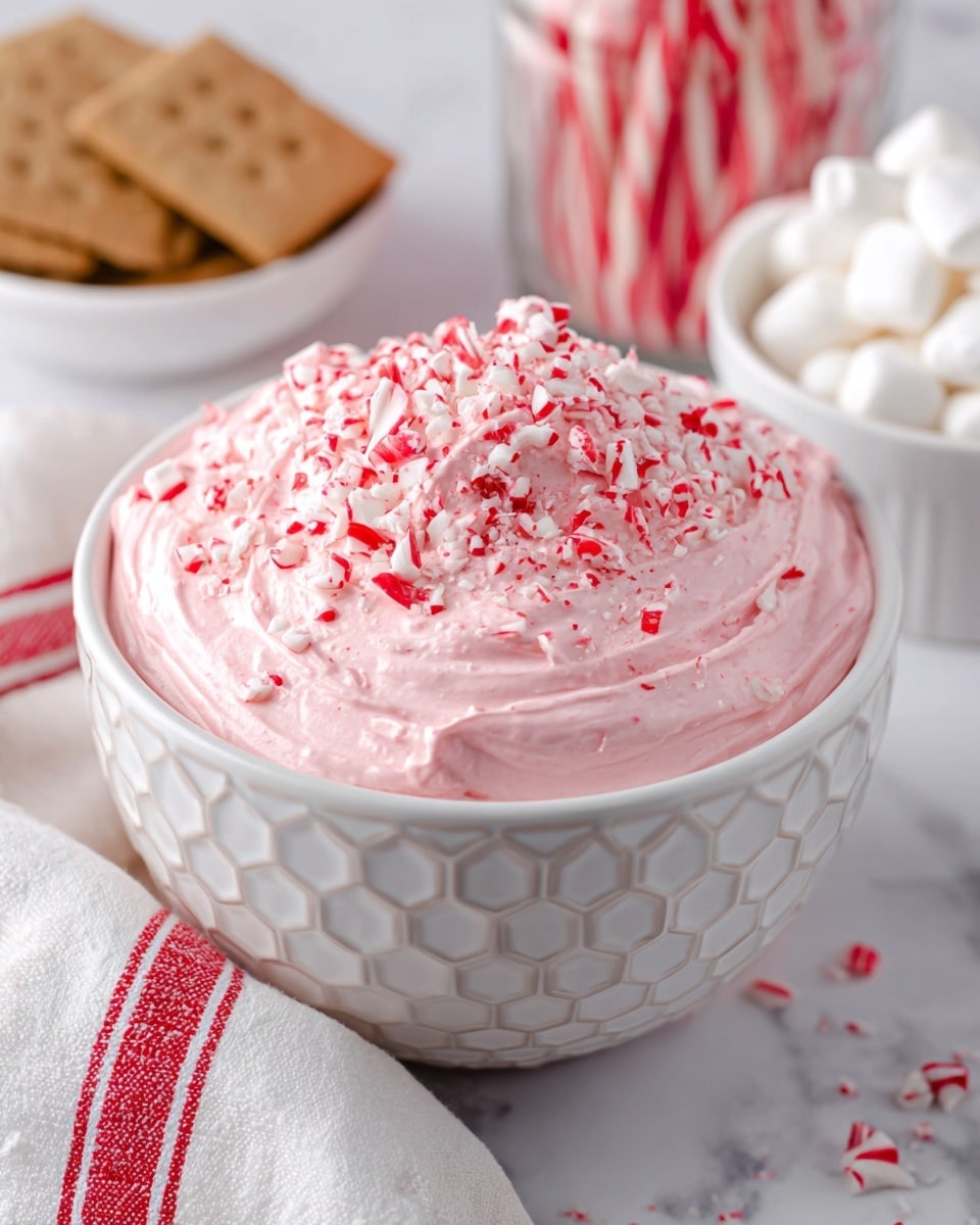 A white bowl with a hexagonal pattern is filled with a single thick layer of smooth, light pink whipped mixture. The top is sprinkled with crushed red and white peppermint candy pieces, adding texture and color contrast. In the background, there is a white marbled surface with a jar full of candy canes to the right and a white bowl of marshmallows and graham crackers blurred behind on the left. A white cloth with red stripes lies partially under the bowl. Photo taken with an iphone --ar 4:5 --v 7