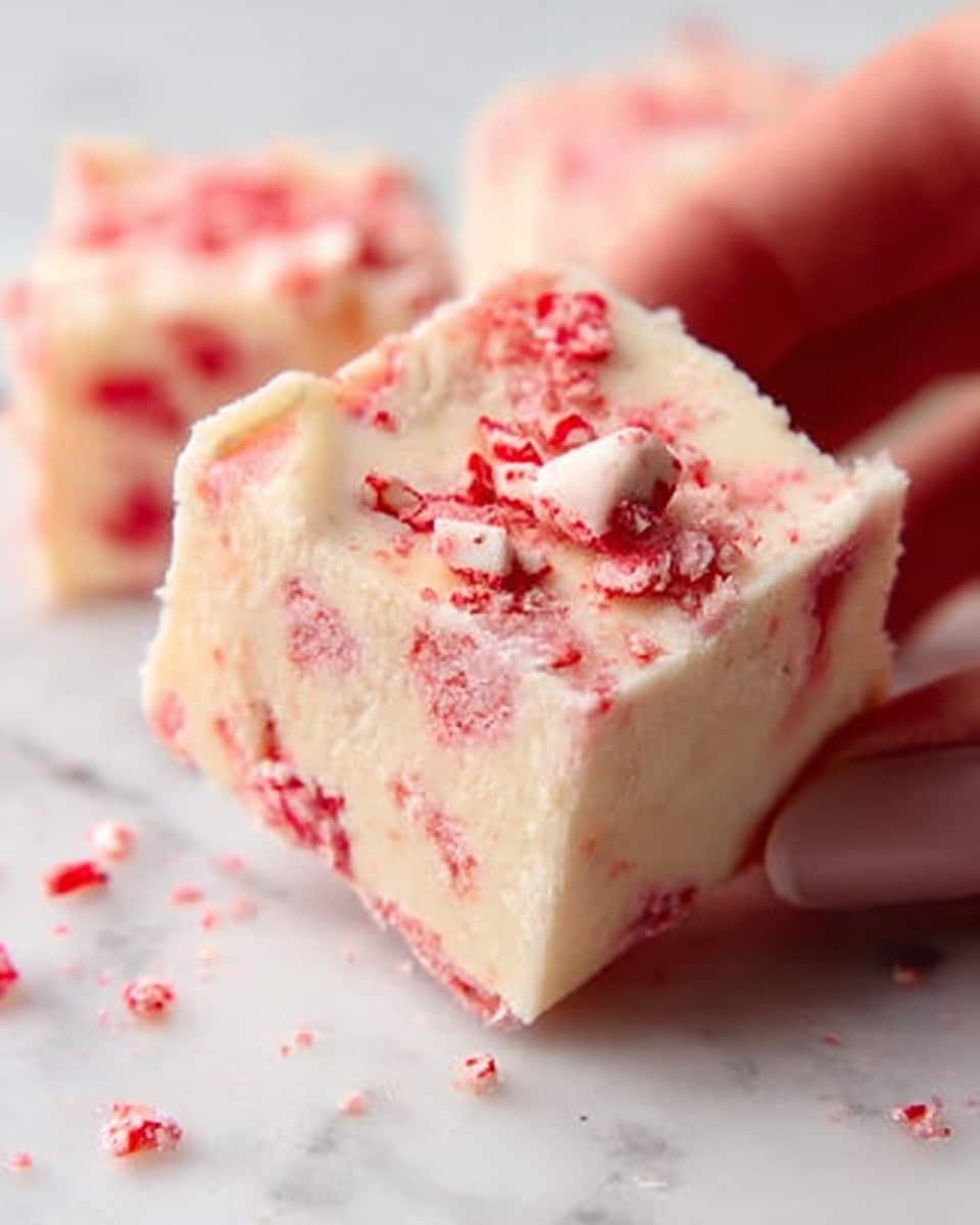 The image shows a close-up of a square piece of creamy white dessert with pink bits mixed inside and on top. The dessert has a smooth, soft texture with some crunchy-looking red and pink sprinkles scattered around it and a woman's hand holding the piece gently from one side. The background is a white marbled surface that adds a clean and bright look to the scene. photo taken with an iphone --ar 4:5 --v 7