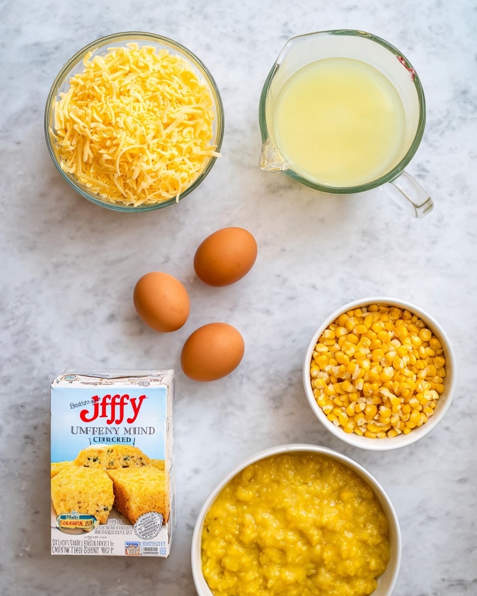 The image shows six ingredients placed on a white marbled surface: a clear glass measuring cup filled with a pale yellow liquid at the top center, a white bowl filled with shredded yellow cheese on the left side, two brown eggs positioned below the cheese bowl, a white box of Jiffy corn muffin mix in the center, a white bowl filled with whole yellow corn kernels on the right, and a white bowl containing a thick yellow corn mixture at the bottom center. The items are neatly spaced out with a clean, bright look. photo taken with an iphone --ar 4:5 --v 7
