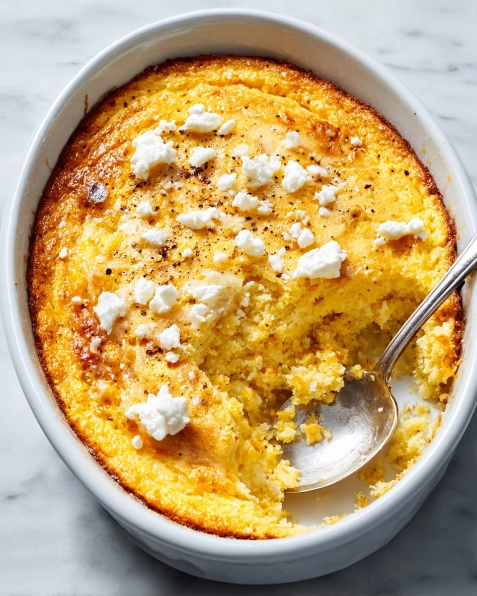 A white oval dish holds a thick golden-yellow baked casserole with a slightly crispy top layer sprinkled with small white dollops of soft cheese and light brown specks of seasoning. Part of the casserole is scooped out, showing a moist, dense inside with a crumbly texture. A silver spoon rests on the right side of the dish, partially inside the casserole. The dish sits on a white marbled surface. Photo taken with an iphone --ar 4:5 --v 7