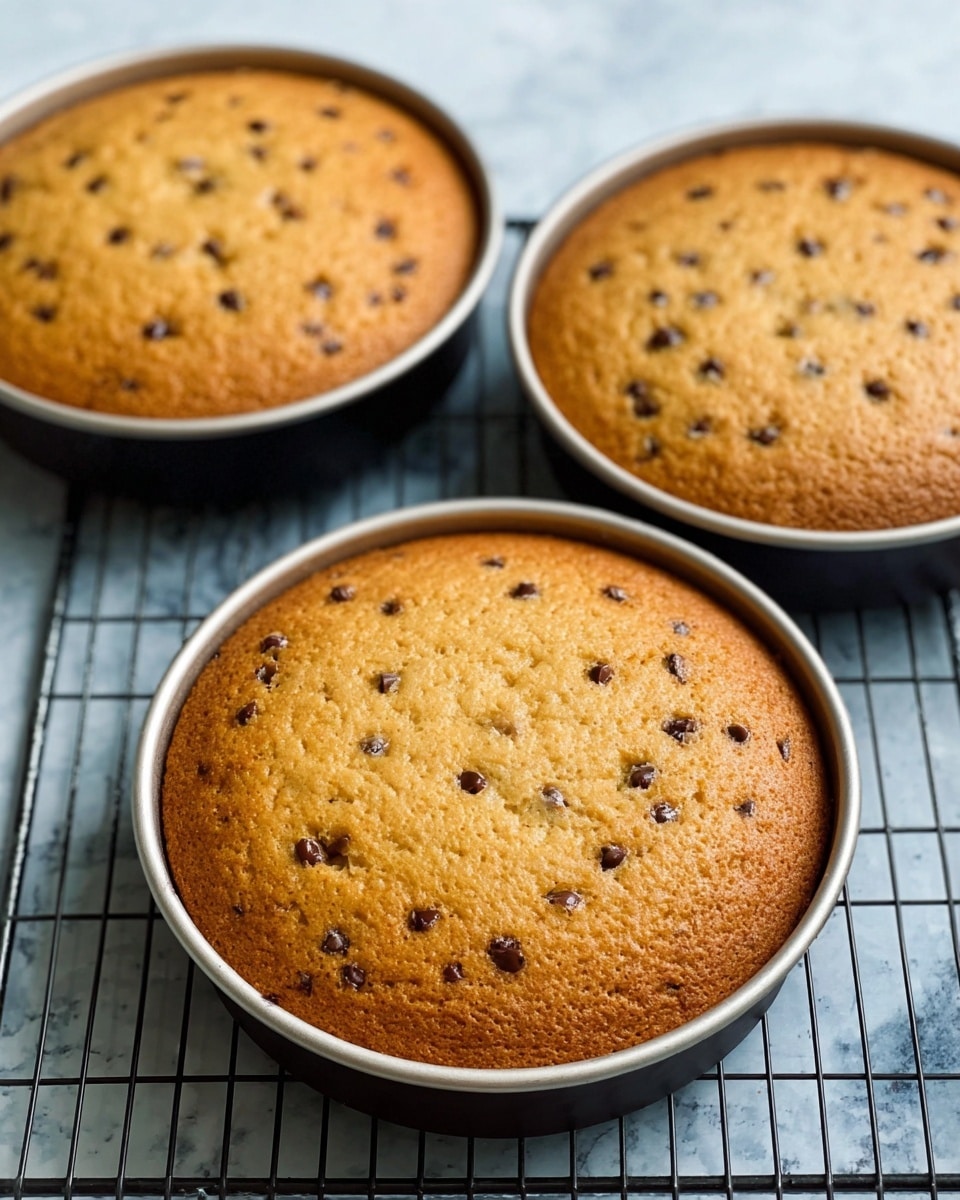 The image shows three round cakes placed on black wire cooling racks set over a white marbled surface. Each cake is baked evenly with a golden brown top that has small chocolate chips scattered throughout. The cake texture looks soft and moist, with a few gentle cracks on the surface. The cakes are all in white round baking pans, with edges showing smooth, slightly risen sides. The scene is bright and clear, emphasizing the warm tones of the cakes. photo taken with an iphone --ar 4:5 --v 7
