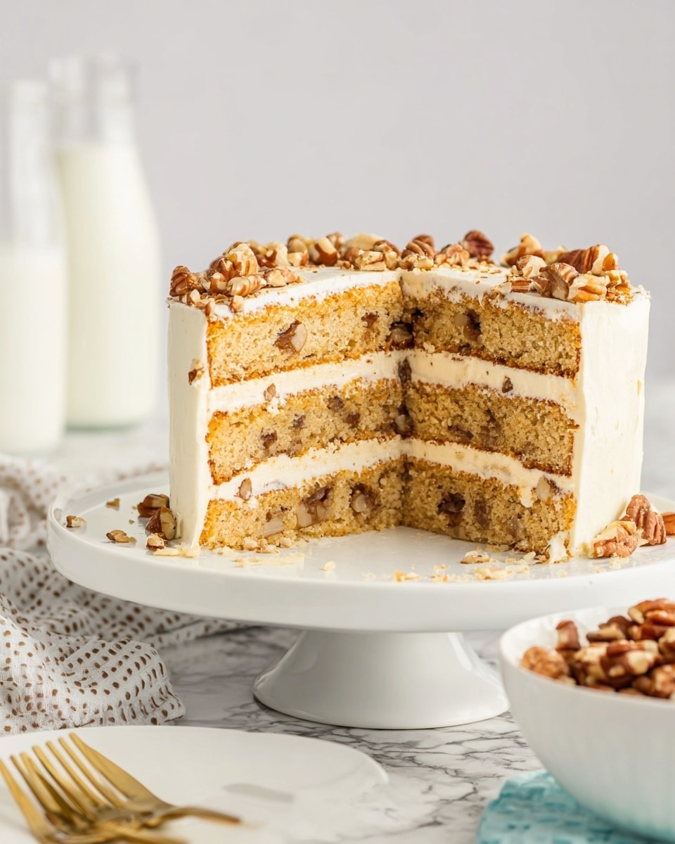 The image shows a three-layer cake on a white cake stand placed on a white marbled surface. Each cake layer is light golden brown with small pieces of nuts visible inside. Between each layer is a smooth, creamy white frosting. The top of the cake is covered with the same white frosting and sprinkled with chopped nuts. There are some crumbs on the cake stand near the front. In the background, there is a white bowl filled with whole nuts and a glass bottle of milk. A gold-colored fork and a white plate are partially visible at the bottom left corner. photo taken with an iphone --ar 4:5 --v 7