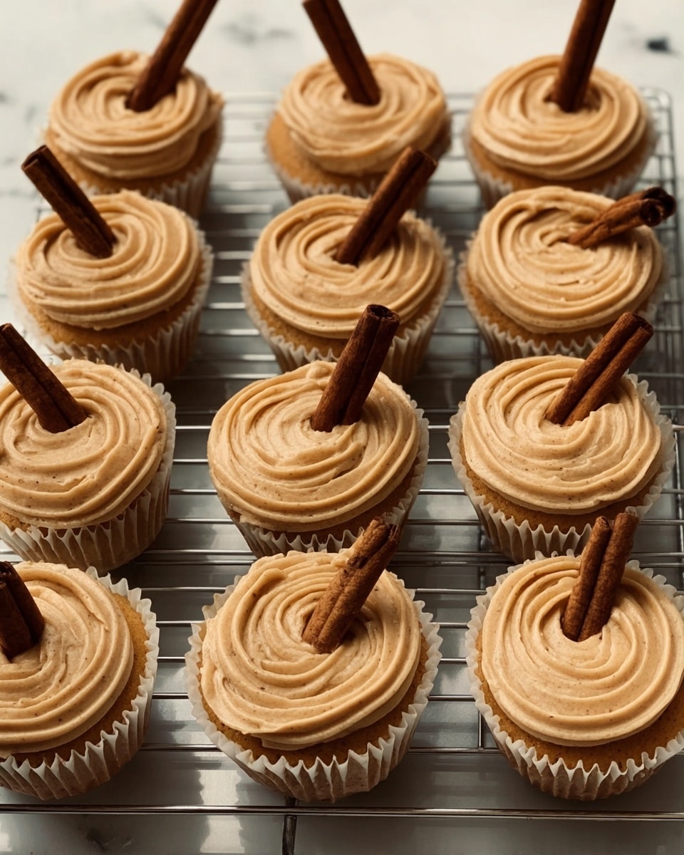 Chai Cupcakes with Cinnamon Frosting Recipe 5 The image shows a dozen cupcakes arranged on a metal cooling rack over a white marbled surface. Each cupcake has one layer of golden-brown cake with a smooth swirl of light brown frosting on top. In the center of every frosting swirl, there is a cinnamon stick placed vertically. The cupcakes are in white liners, and the lighting highlights the creamy texture of the frosting and the matte finish of the cake. Photo taken with an iphone --ar 4:5 --v 7
