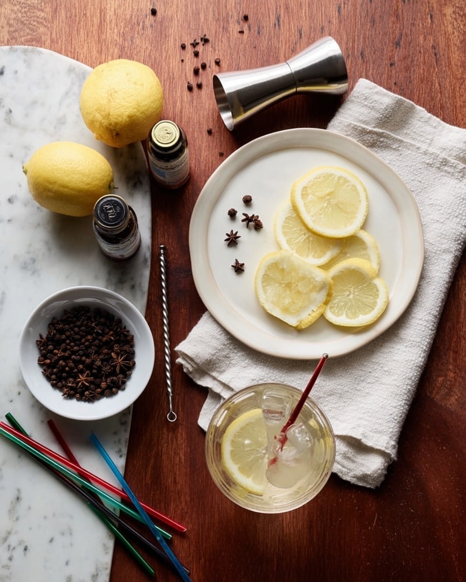 A white plate on a white marbled surface holds five slices of yellow lemon and a small pile of dark brown cloves. Below the plate, a white cloth partially covers the surface next to two clear glasses filled with a light yellow drink; one glass has a lemon slice floating on top with dark spices, and the other glass has a red stir stick. To the left of the glasses are four thin glass stir sticks in green, blue, and red colors, a small white bowl full of cloves, and a small honey jar with a black lid. A silver double-sided jigger lies horizontally below the glasses, all arranged on a white marbled surface. photo taken with an iphone --ar 4:5 --v 7
