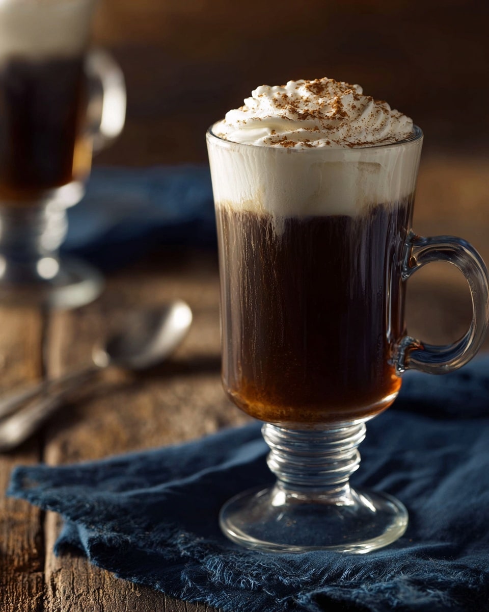 A clear glass mug with a short stem and a handle holds a dark brown coffee layer that fills about three-quarters of the glass. On top is a thick, creamy white foam layer sprinkled with light brown spice bits. The mug sits on a navy blue cloth, placed on a rustic wooden table, with a metal spoon nearby and blurred dark brown bottles in the background. The overall setting has a warm, cozy feel. photo taken with an iphone --ar 4:5 --v 7