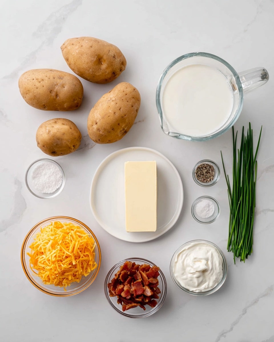 The image shows raw ingredients for a dish laid out on a white marbled surface. On the left, there are four medium-sized brown potatoes in two rows. Next to them is a clear glass measuring cup filled with a white liquid, likely milk. Above it is a white rectangular plate holding a pale yellow block of butter. Below the measuring cup is a clear glass bowl filled with bright orange shredded cheddar cheese. To the right of the cheese is another clear glass bowl containing crispy brown bacon pieces. Further right is a small bundle of fresh green chives lying flat. Next to the chives is a small clear glass bowl with white salt, and beside it is another bowl with ground black pepper. Finally, at the far right is a small white bowl filled with thick white sour cream. All items are neatly arranged on the white marbled surface, photo taken with an iphone --ar 4:5 --v 7