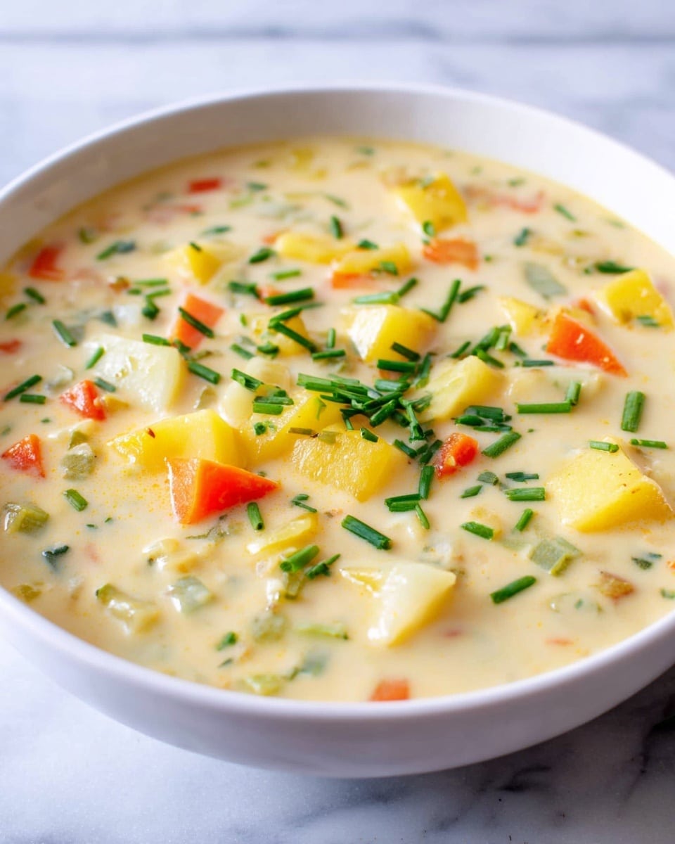 The image shows a bowl of creamy soup with multiple small pieces of vegetables inside. The soup has a light yellow creamy base with visible chunks of orange carrot, light yellow potatoes, and green herbs scattered throughout. Bright green chopped herbs are on top, adding color contrast. The soup fills a white bowl, placed on a white marbled surface. The texture looks smooth with soft vegetable pieces floating in the thick liquid. Photo taken with an iphone --ar 4:5 --v 7