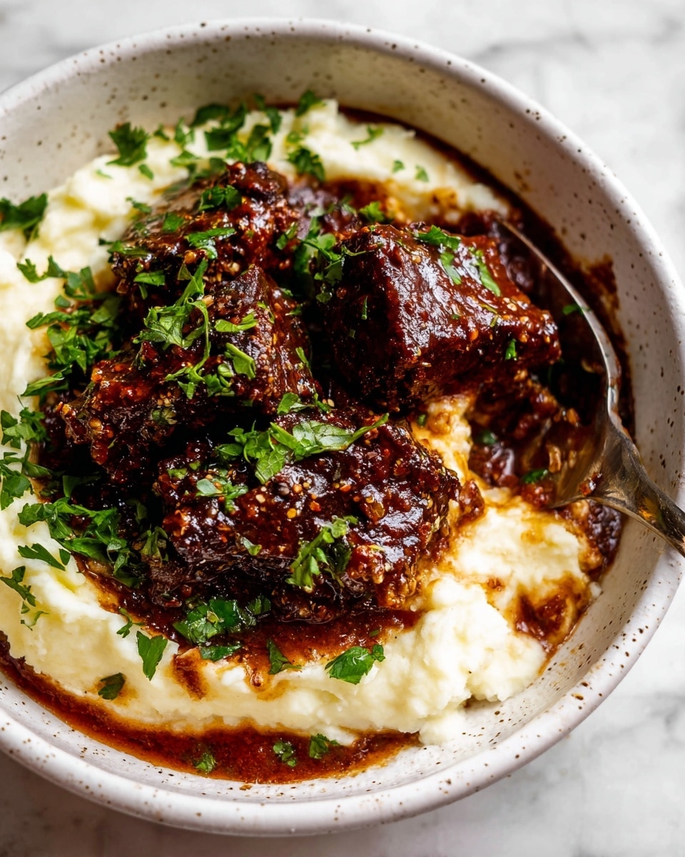 The image shows a white bowl with three thick pieces of dark brown meat on top of a creamy, white mashed layer. The meat is covered in a rich, glossy brown sauce that pools around the edges, with fine textured bits visible in the sauce. Bright green chopped herbs are sprinkled on top of the meat for color contrast. A shiny silver fork is placed inside the bowl, resting on the right side. The bowl sits on a white marbled surface. Photo taken with an iphone --ar 4:5 --v 7