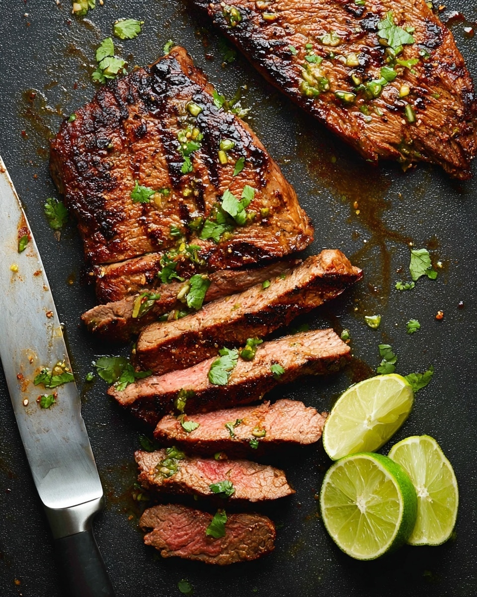 A sliced steak lies on a black surface with a slightly seared brown edge and a pink center showing through each layer; there are about nine slices neatly arranged from top to bottom with some green herbs sprinkled on top. Two larger steak pieces sit near the top of the image, one on the left and the other on the right. Lime wedges with bright green skin and pale green flesh are placed on the right and bottom left corners; a knife with a white blade is near the left side of the steak. The surface has a few juices and bits of herbs scattered around. Photo taken with an iphone --ar 4:5 --v 7