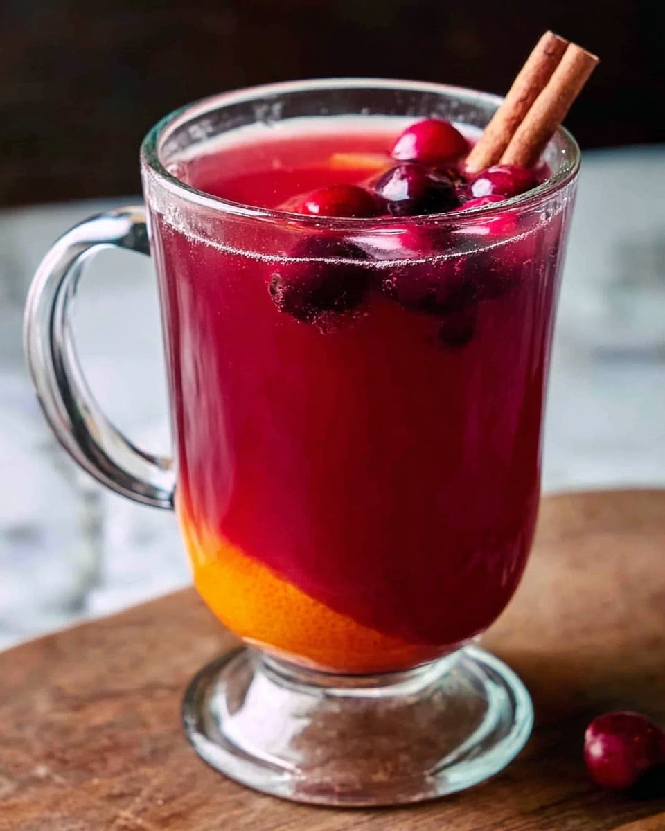 A clear glass mug filled with deep red liquid, topped with bright red cranberries floating on the surface, and a dark brown star anise placed in the middle. A single cinnamon stick stands upright inside the mug, slightly leaning to one side. The mug is set on a golden coaster against a wooden table with scattered star anise, cinnamon sticks, and a halved orange to the right. Green rosemary sprigs and a white cloth with red stripes peek into the lower left corner. The scene has a warm, cozy feel. Photo taken with an iphone --ar 4:5 --v 7