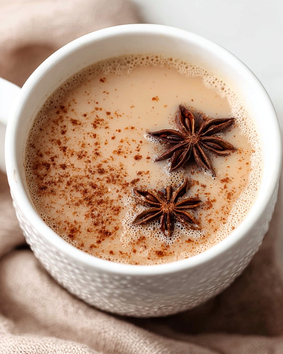 A white textured cup filled with creamy light brown chai tea, sprinkled with fine specks of cinnamon all over the surface. Two dark brown star anise pods float gently near the center, adding a natural star shape contrast to the smooth tea. The cup sits on a soft beige fabric background with a soft focus, enhancing the warm and cozy look of the drink. photo taken with an iphone --ar 4:5 --v 7