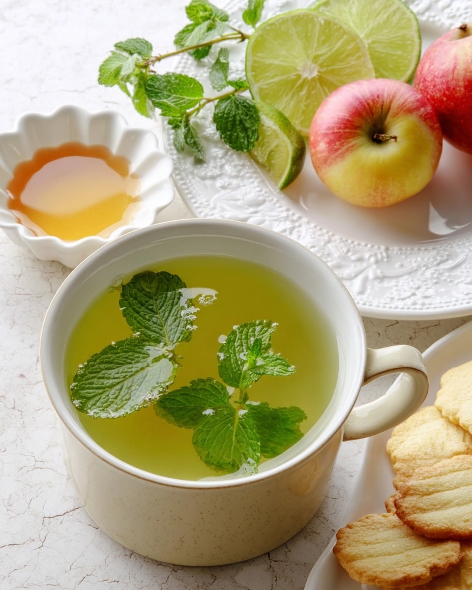 A beige cup filled with light green tea has fresh green mint leaves floating on top, with small water bubbles visible on the leaves. Behind the cup on a white plate with a textured floral rim are bright green lime slices arranged in a small pile with some mint sprigs. To the right, another white plate holds two small red and yellow apples and a few round, light golden cookies with a slightly rough texture. On the left side, a small white scalloped bowl contains golden honey. The whole scene is placed on a white marbled surface. photo taken with an iphone --ar 4:5 --v 7