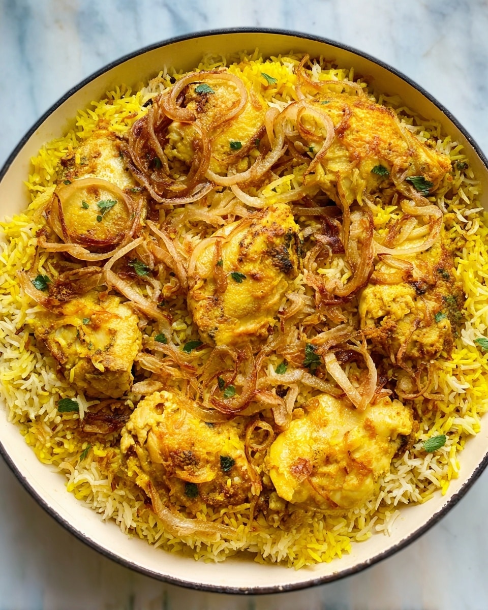 A round white bowl filled with a layered chicken dish, showing a bed of fluffy yellow rice at the bottom with visible spices and small green herb leaves scattered on top. On the rice layer, there are chicken pieces cooked in a golden-brown sauce, coated with a mix of spices, and arranged side by side covering the surface of the rice. Thin slices of fried onions are scattered on top of the chicken and rice, adding texture and color contrast. The whole dish is placed on a white marbled surface. photo taken with an iphone --ar 4:5 --v 7