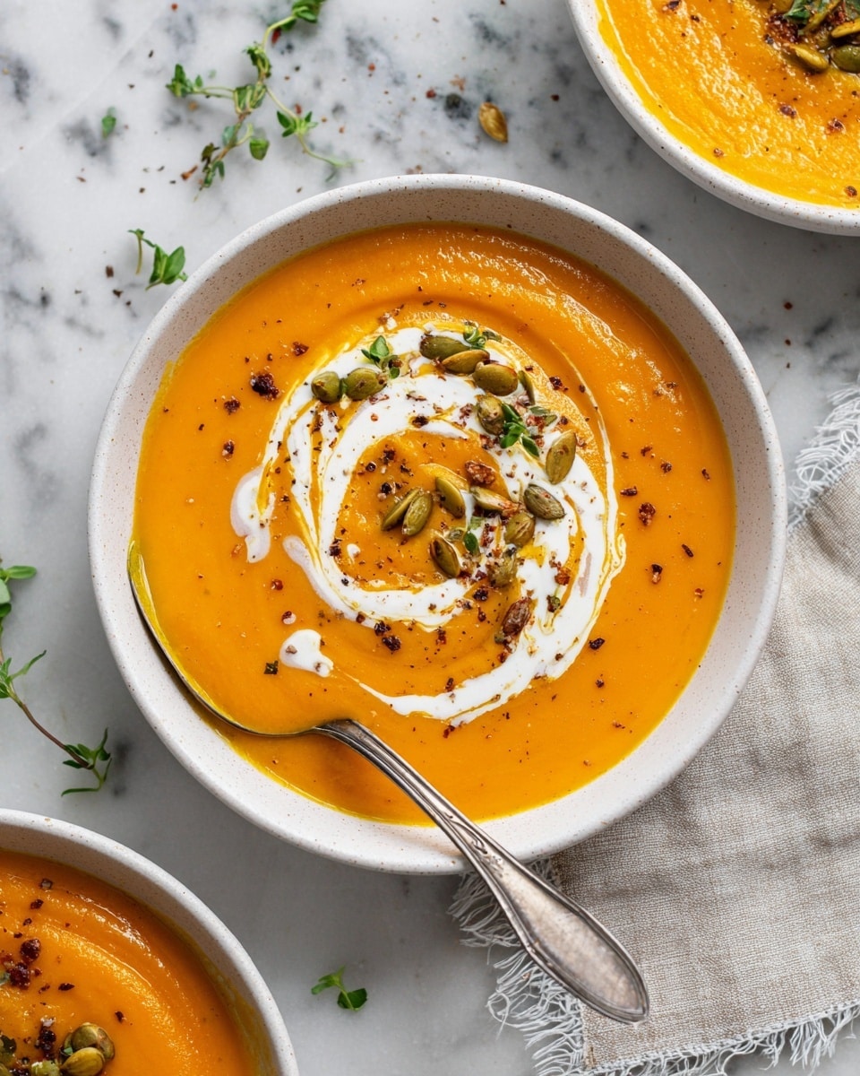 A white bowl filled with smooth, bright orange pumpkin soup as the base layer, topped with a swirl of white cream in a spiral pattern. Scattered on the cream and soup are small, roasted pumpkin seeds with a shiny brown texture, tiny green herb leaves, and a light sprinkle of coarse black pepper. A spoon inside the bowl lifts a rounded scoop of the thick soup, showing its creamy consistency. The bowl rests on a white marbled surface, near some fresh green herbs and a soft, light gray cloth. Photo taken with an iphone --ar 4:5 --v 7