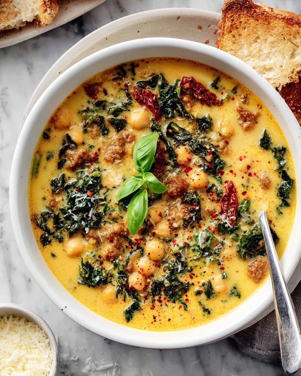 A white bowl filled with a creamy yellow soup that has visible chickpeas, dark green kale leaves, and red pieces of sun-dried tomatoes mixed throughout. The soup has a smooth texture with small bits of browned meat or sausage scattered in it. On top, a few fresh bright green basil leaves and a sprinkle of red pepper flakes add color. A silver spoon rests partially in the bowl on the right side. The bowl sits on a white marbled surface with parts of a white plate holding brown toasted bread and a white bowl with grated cheese nearby. Photo taken with an iphone --ar 4:5 --v 7
