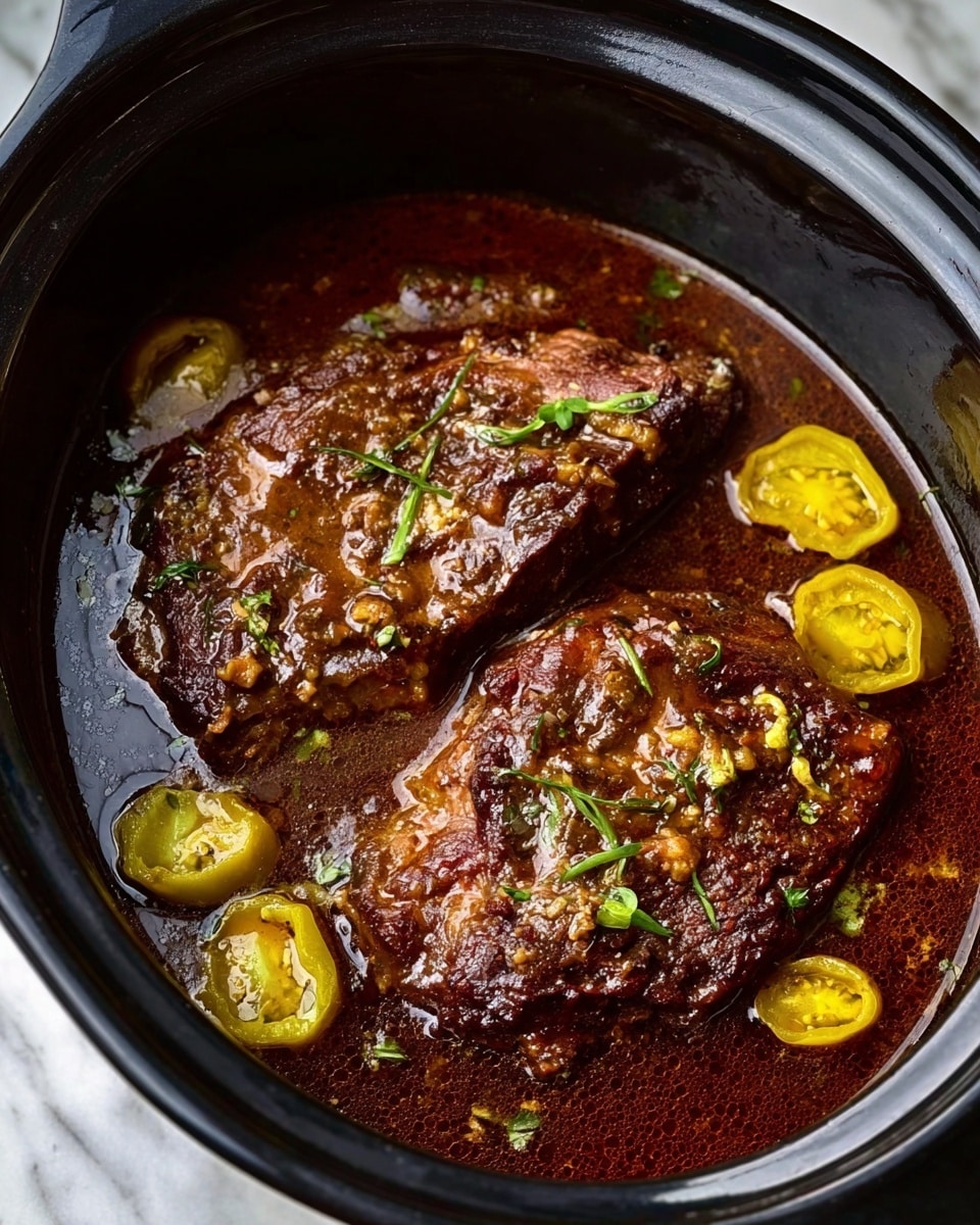 This image shows two thick pieces of cooked meat covered in a dark brown sauce inside a black pot. Around the meat, there are seven yellow peppers evenly spaced, floating in the sauce. The sauce looks glossy and thick, with small bits of green herbs sprinkled on top of the meat. The meat has a slightly rough, cooked texture with a rich, caramelized color. The pot sits on a white marbled surface. photo taken with an iphone --ar 4:5 --v 7