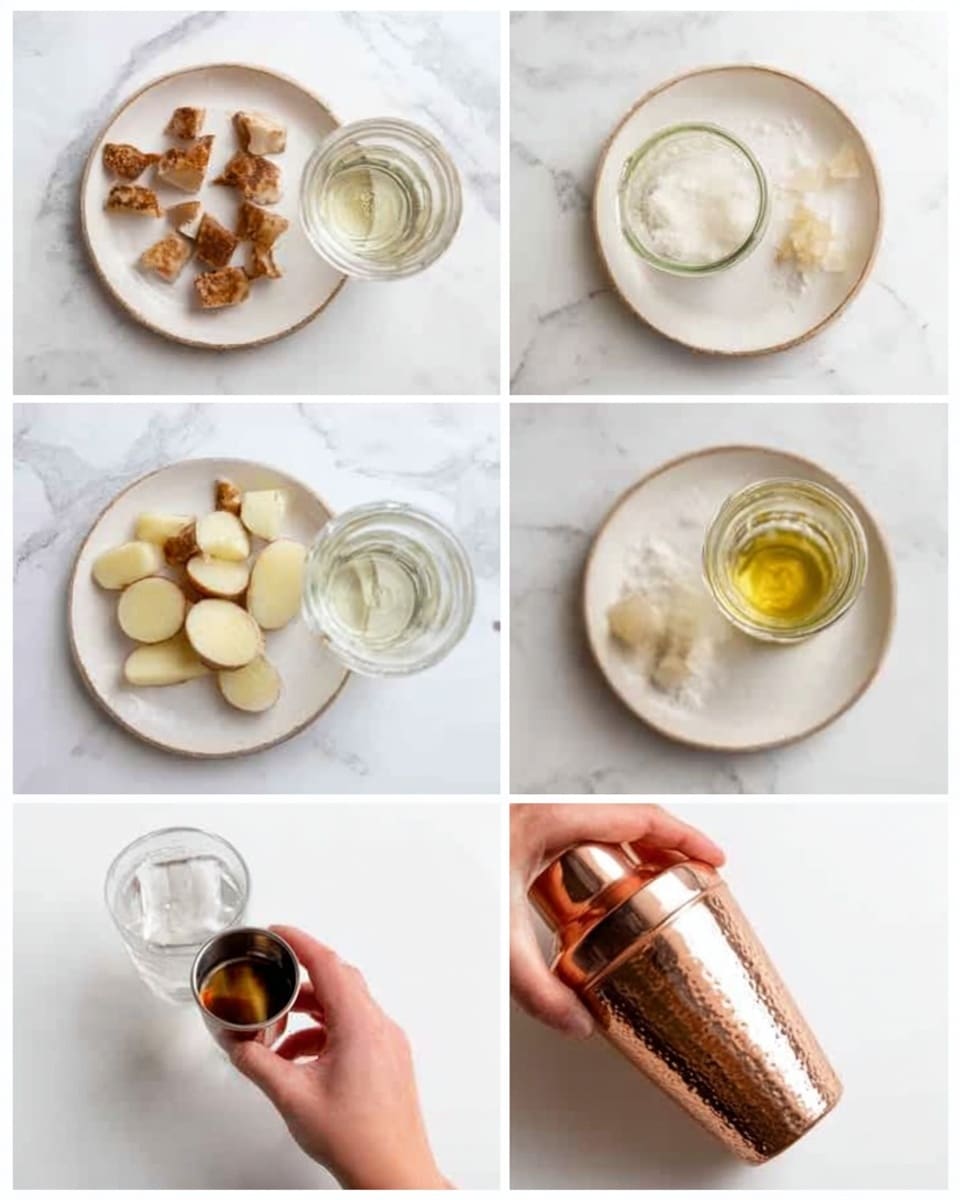 The image shows six small white plates arranged in two rows on a white marbled surface. Each plate has different items: the first plate contains small, light brown chunks; the second plate holds pale, creamy, cubed pieces sitting in clear liquid; the third plate features a small glass jar filled with a light yellow liquid; the fourth plate shows a hand pouring a white powder from a small bowl into a glass placed on the plate; the fifth plate displays a woman's hand holding a small metal cup filled with a dark brown liquid above the plate; the sixth plate has a copper cocktail shaker with a woman's hand holding it, positioned partly above the plate. Photo taken with an iphone --ar 4:5 --v 7