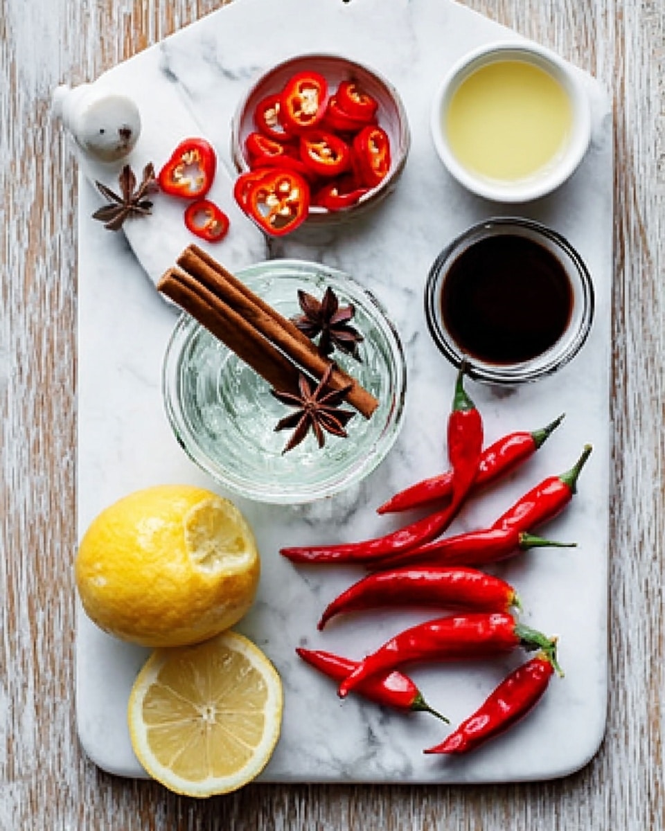 The image shows a white marbled board with a variety of ingredients arranged neatly. At the center, there is a glass bowl with two cinnamon sticks and a star anise placed inside. Surrounding the bowl are bright red sliced and whole chili peppers, a halved lemon with a pale yellow inside, a small bowl of dark sauce, and a small bowl of light yellow liquid. The surface beneath the board also has a white marbled texture, and the items are placed with clean spacing. photo taken with an iphone --ar 4:5 --v 7