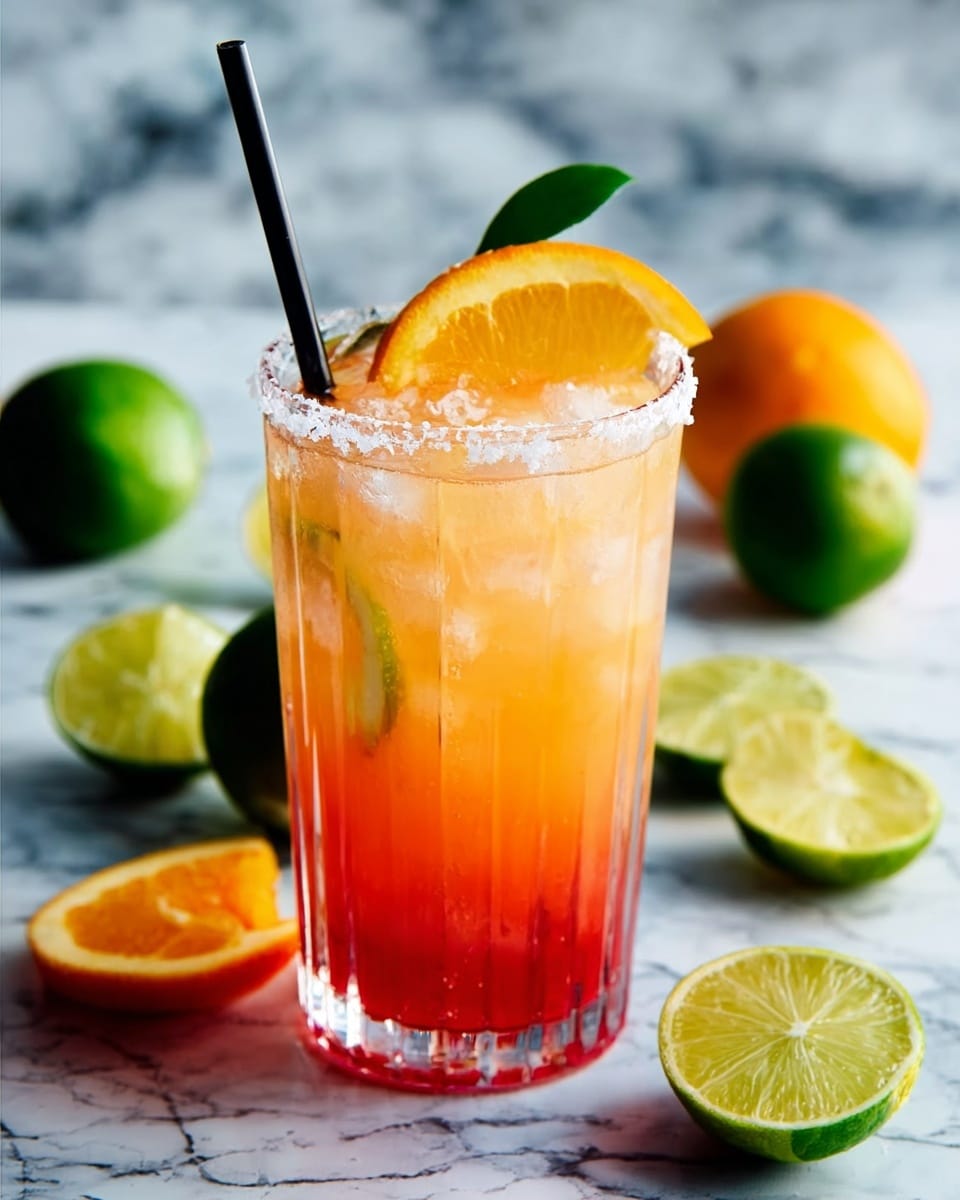 A tall clear glass filled with a layered drink has a mix of orange, red, and light pink colors blending from bottom to top, with ice cubes floating inside. The glass rim is coated with salt, and a slice of orange sits on the rim with a small green leaf. A black straw leans inside the glass. The background is a white marbled surface with whole and halved limes and lemons around the glass. Photo taken with an iphone --ar 4:5 --v 7