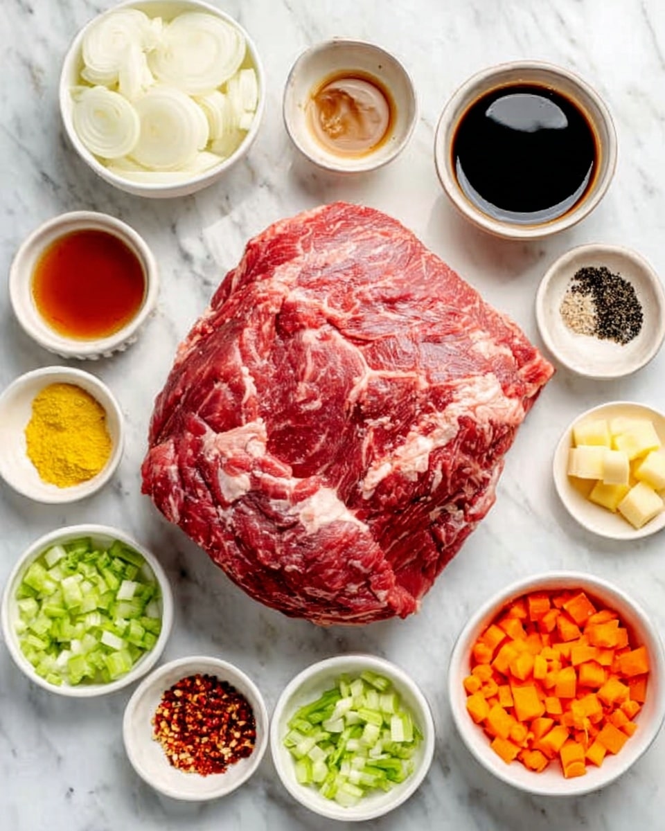 A large piece of raw red meat with white marbling sits in the center on a white marbled surface, surrounded by small white bowls holding various ingredients. These include white onion slices, bright orange chopped carrots, finely chopped green celery, dark soy sauce, black pepper, yellow mustard, coarse salt, red chili flakes, and a reddish-brown liquid sauce. The ingredients are neatly arranged around the meat in a circular pattern. Photo taken with an iphone --ar 4:5 --v 7